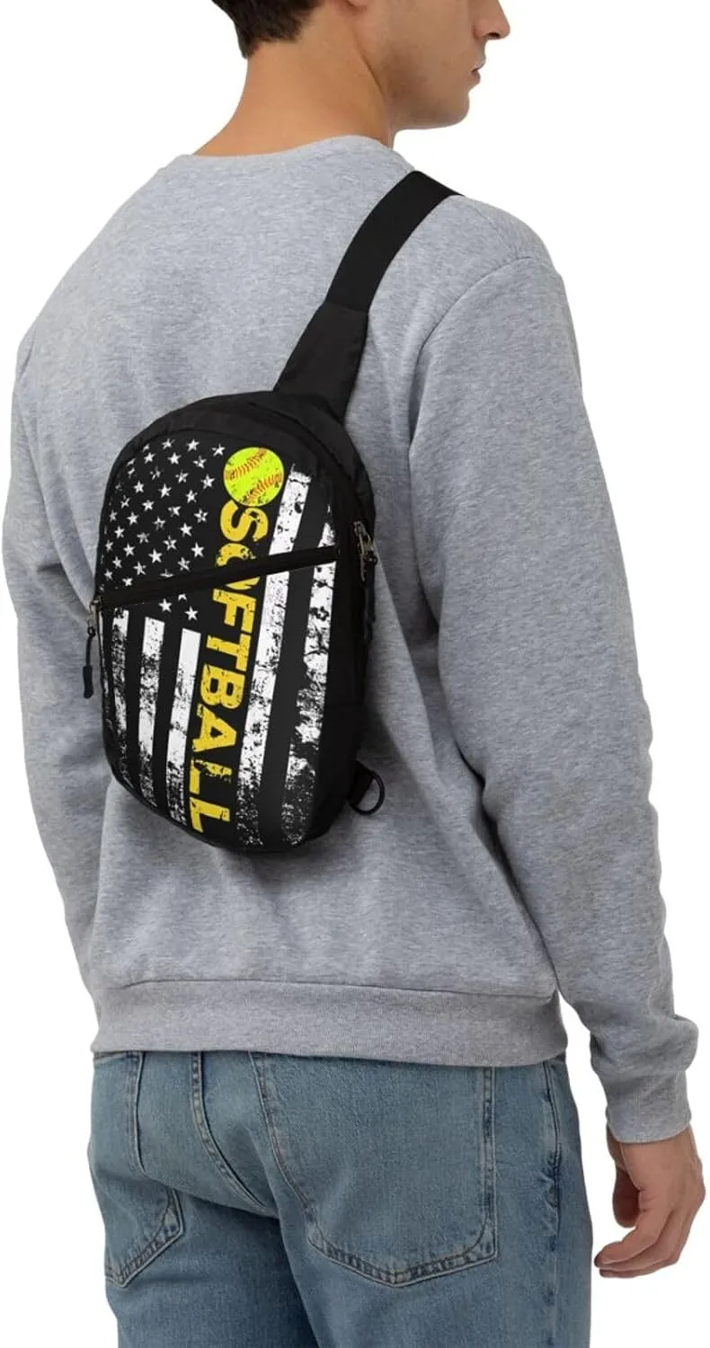 American Flag Softball Team Portable Sling Bags Packable Crossbody Bag Foldable Sport Daypack Reusable Shoulder Backpack Diagonally Chest Bag for Workout Travel