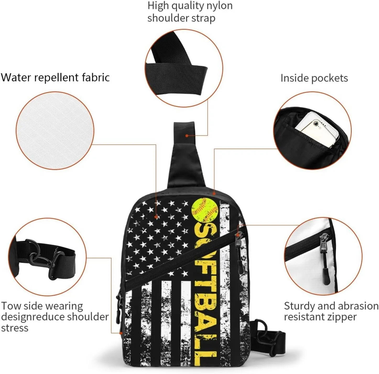 American Flag Softball Team Portable Sling Bags Packable Crossbody Bag Foldable Sport Daypack Reusable Shoulder Backpack Diagonally Chest Bag for Workout Travel