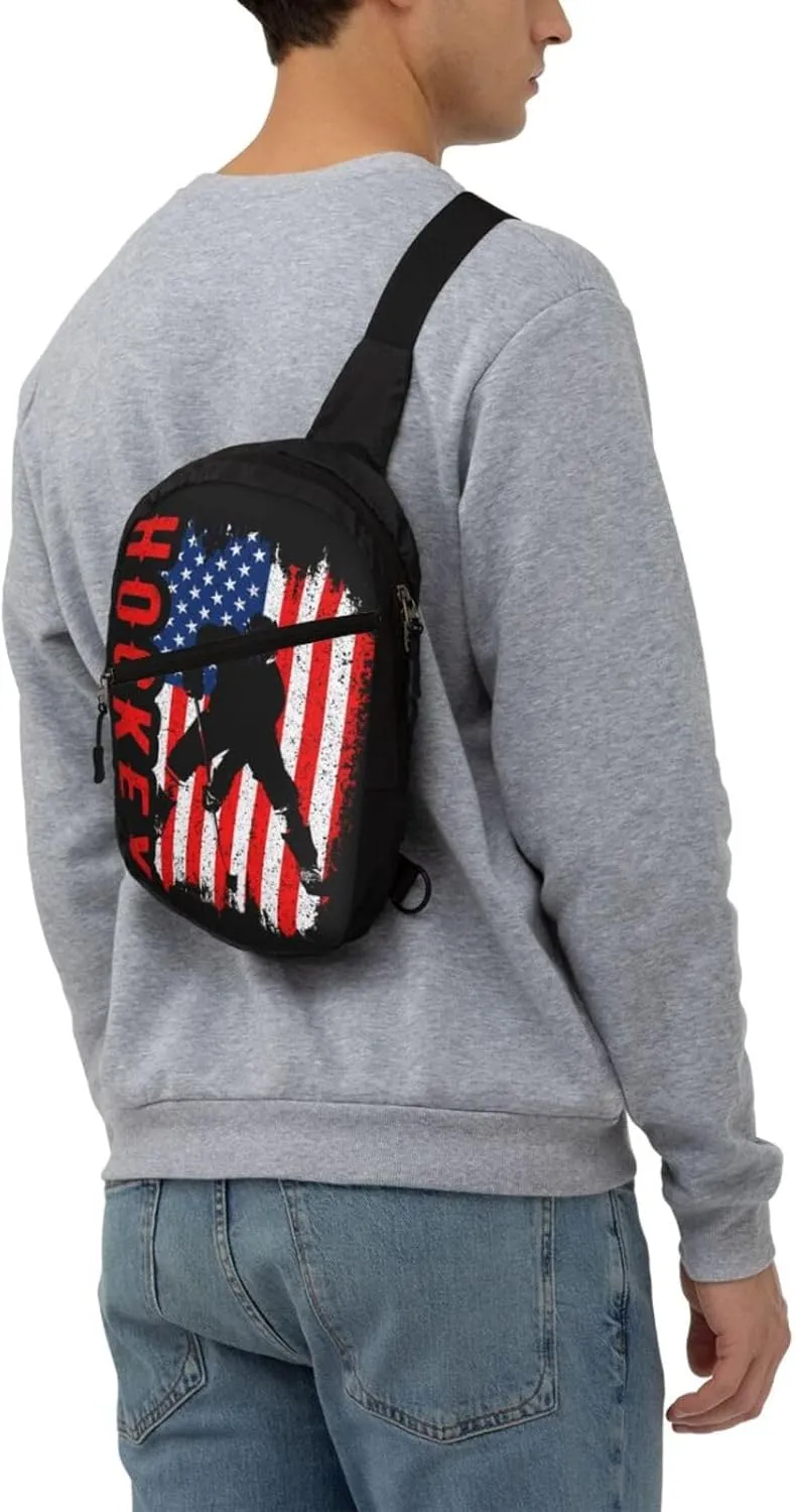 American Hockey Flag Portable Sling Bags Packable Crossbody Bag Foldable Sport Daypack Reusable Shoulder Backpack Diagonally Chest Bag for Workout Travel