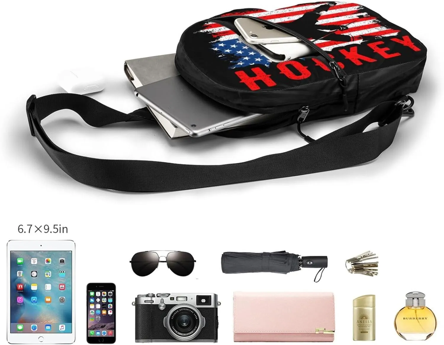 American Hockey Flag Portable Sling Bags Packable Crossbody Bag Foldable Sport Daypack Reusable Shoulder Backpack Diagonally Chest Bag for Workout Travel