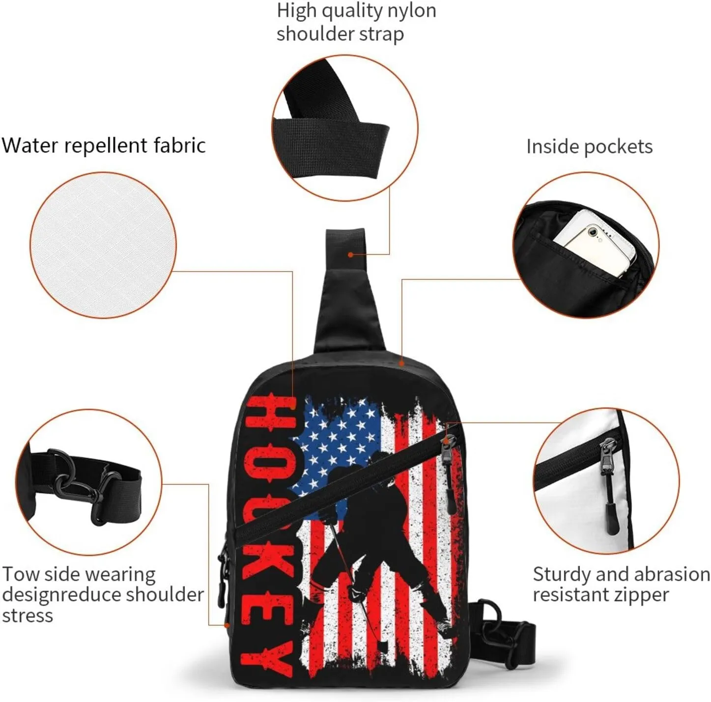 American Hockey Flag Portable Sling Bags Packable Crossbody Bag Foldable Sport Daypack Reusable Shoulder Backpack Diagonally Chest Bag for Workout Travel