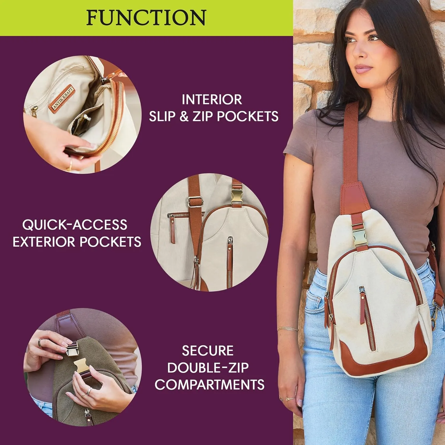 Antik Kraft Women's Samara Sling, Crossbody Sling Bag for Women, Durable Canvas with Vegan Leather Trim Chest Bag