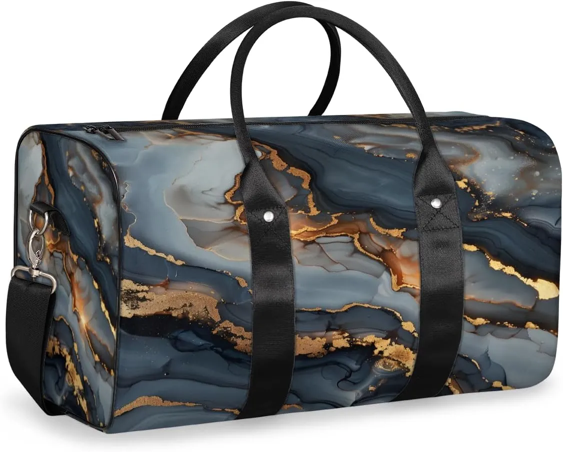 Art Black Glod Marble Travel Duffle Bag, Sports Gym Bags for Women Men, Carry On Weekender Overnight Bag, Modern Workout Hospital Airplane Trips Bag