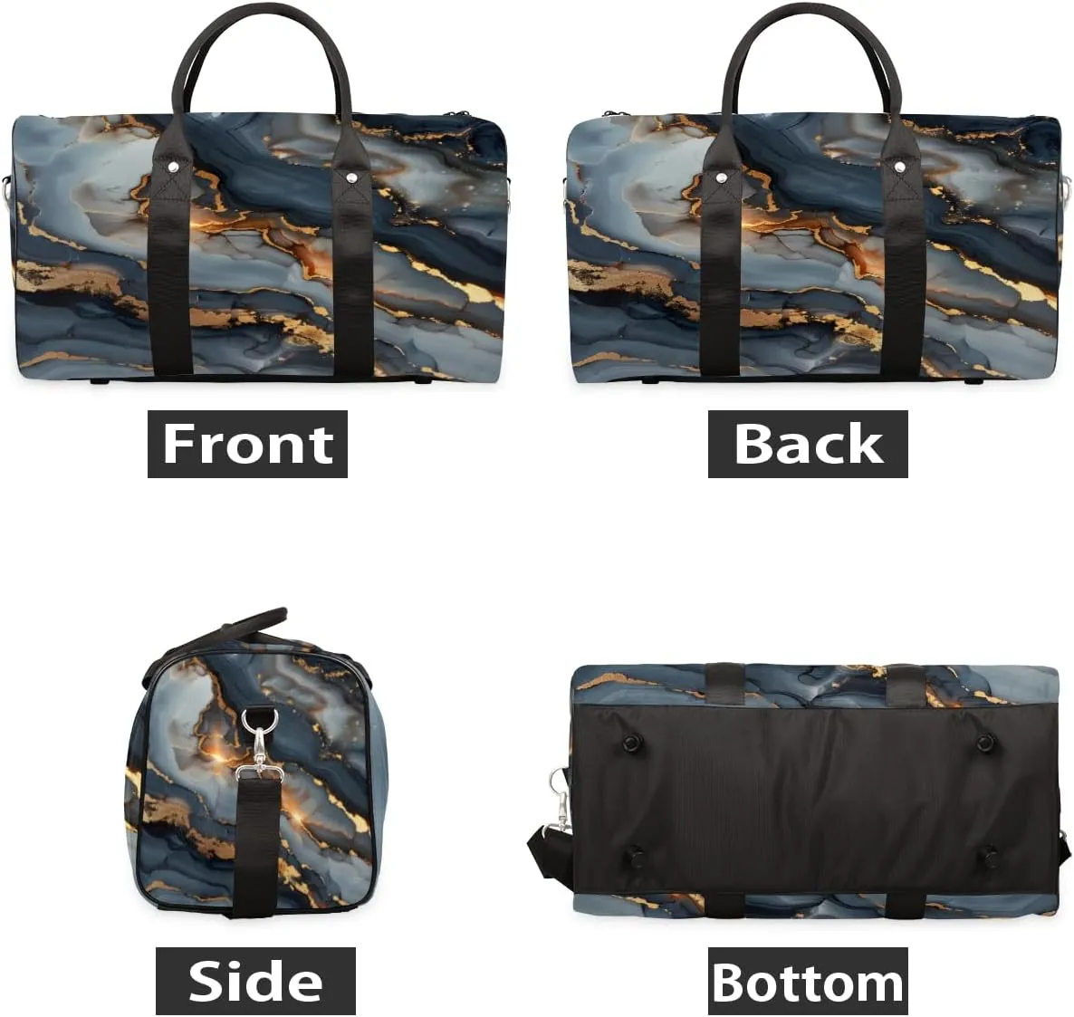 Art Black Glod Marble Travel Duffle Bag, Sports Gym Bags for Women Men, Carry On Weekender Overnight Bag, Modern Workout Hospital Airplane Trips Bag