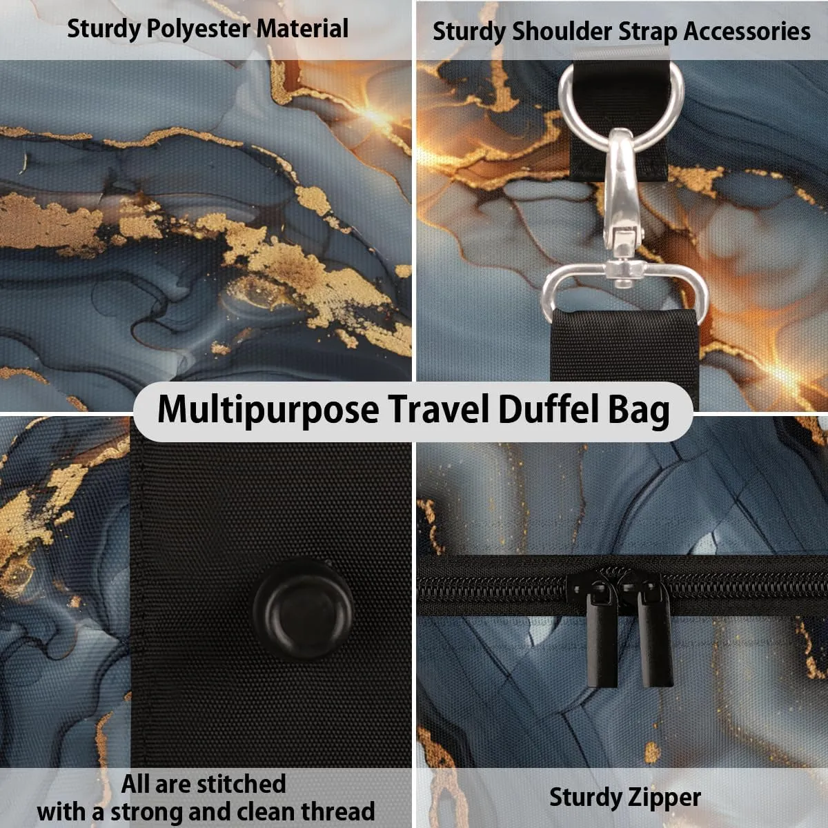 Art Black Glod Marble Travel Duffle Bag, Sports Gym Bags for Women Men, Carry On Weekender Overnight Bag, Modern Workout Hospital Airplane Trips Bag