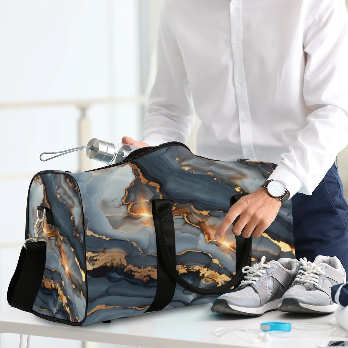 Art Black Glod Marble Travel Duffle Bag, Sports Gym Bags for Women Men, Carry On Weekender Overnight Bag, Modern Workout Hospital Airplane Trips Bag