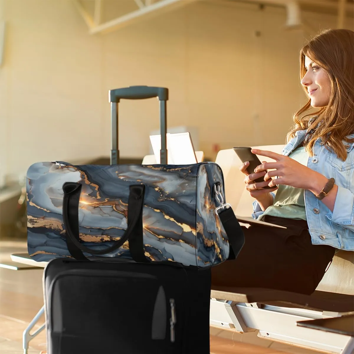 Art Black Glod Marble Travel Duffle Bag, Sports Gym Bags for Women Men, Carry On Weekender Overnight Bag, Modern Workout Hospital Airplane Trips Bag
