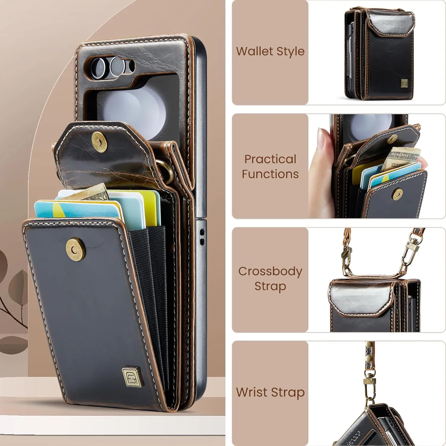 ASAPDOS Crossbody Case Compatible with Samsung Galaxy Z Flip 5,Retro PU Leather Strap Wristlet Flip Case with Magnetic Closure and Card Holder for Men Women Coffee