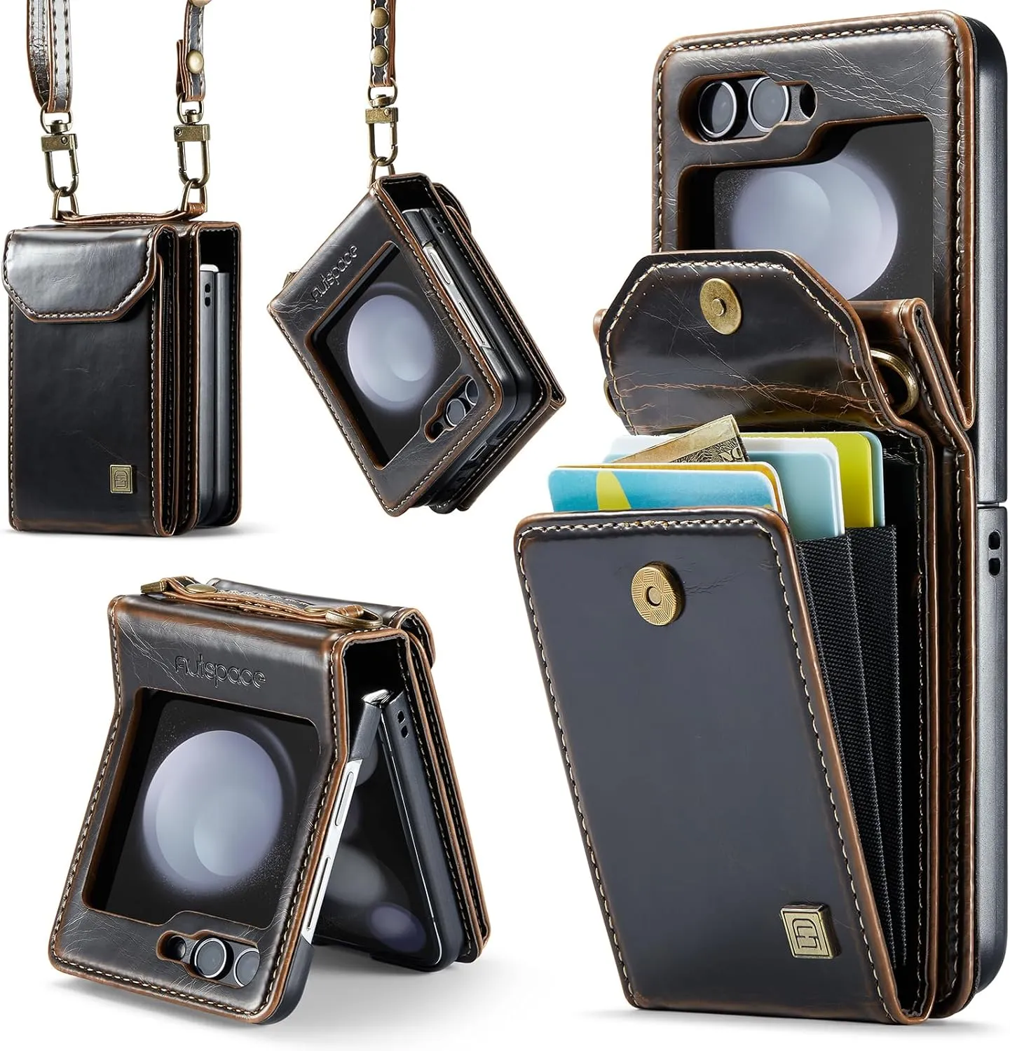 ASAPDOS Crossbody Case Compatible with Samsung Galaxy Z Flip 5,Retro PU Leather Strap Wristlet Flip Case with Magnetic Closure and Card Holder for Men Women Coffee