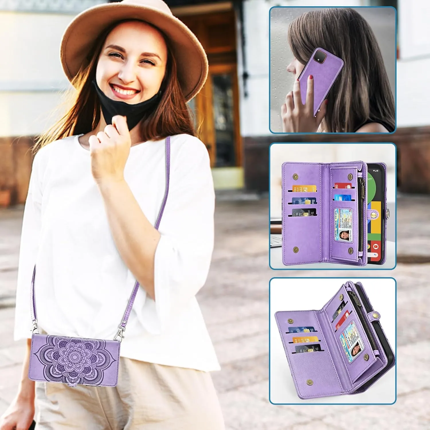 Asuwish Phone Case for Google Pixel 4 XL Zipper Wallet Detachable Cell Cover with Tempered Glass Screen Protector Crossbody Strap Flower Card Holder Slot Pixle 4XL Pixel4XL 4LX LX Women Girls Purple