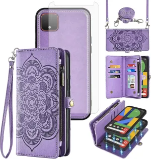 Asuwish Phone Case for Google Pixel 4 XL Zipper Wallet Detachable Cell Cover with Tempered Glass Screen Protector Crossbody Strap Flower Card Holder Slot Pixle 4XL Pixel4XL 4LX LX Women Girls Purple