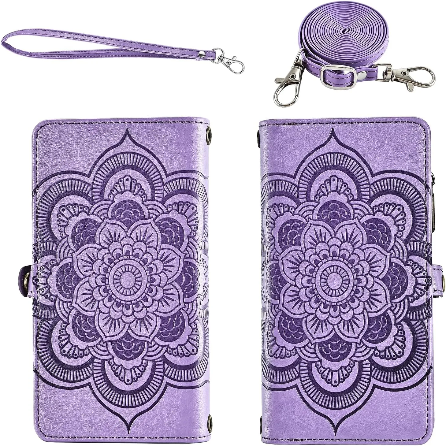 Asuwish Phone Case for Google Pixel 4 XL Zipper Wallet Detachable Cell Cover with Tempered Glass Screen Protector Crossbody Strap Flower Card Holder Slot Pixle 4XL Pixel4XL 4LX LX Women Girls Purple
