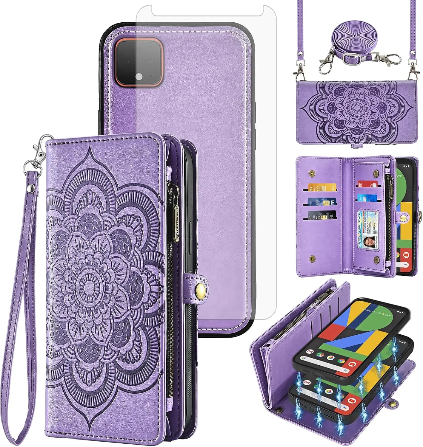Asuwish Phone Case for Google Pixel 4 XL Zipper Wallet Detachable Cell Cover with Tempered Glass Screen Protector Crossbody Strap Flower Card Holder Slot Pixle 4XL Pixel4XL 4LX LX Women Girls Purple