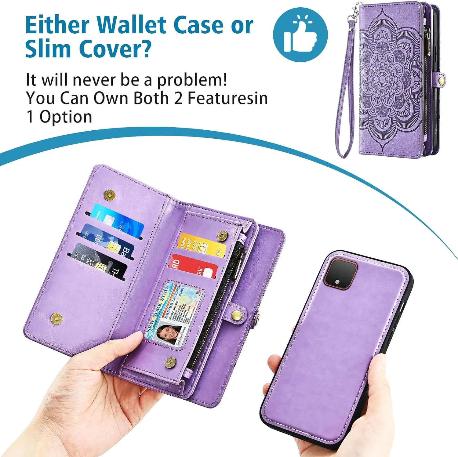 Asuwish Phone Case for Google Pixel 4 XL Zipper Wallet Detachable Cell Cover with Tempered Glass Screen Protector Crossbody Strap Flower Card Holder Slot Pixle 4XL Pixel4XL 4LX LX Women Girls Purple