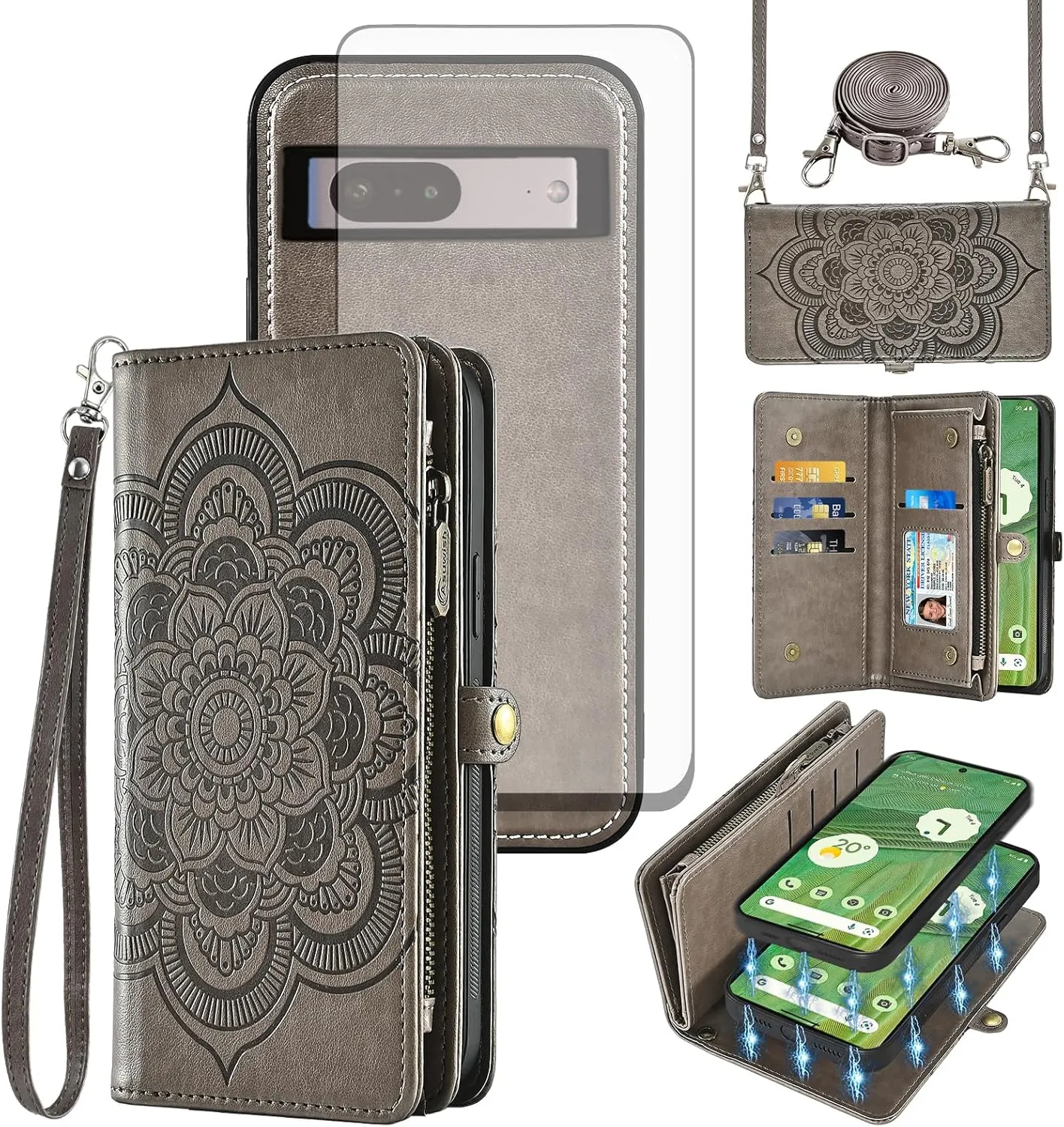 Asuwish Phone Case for Google Pixel 7 5G Zipper Wallet Magnetic Detachable Cell Cover with Tempered Glass Screen Protector Crossbody Strap Flower Card Holder Pixel7 Pixle Seven 6.3 Women Girls Gray