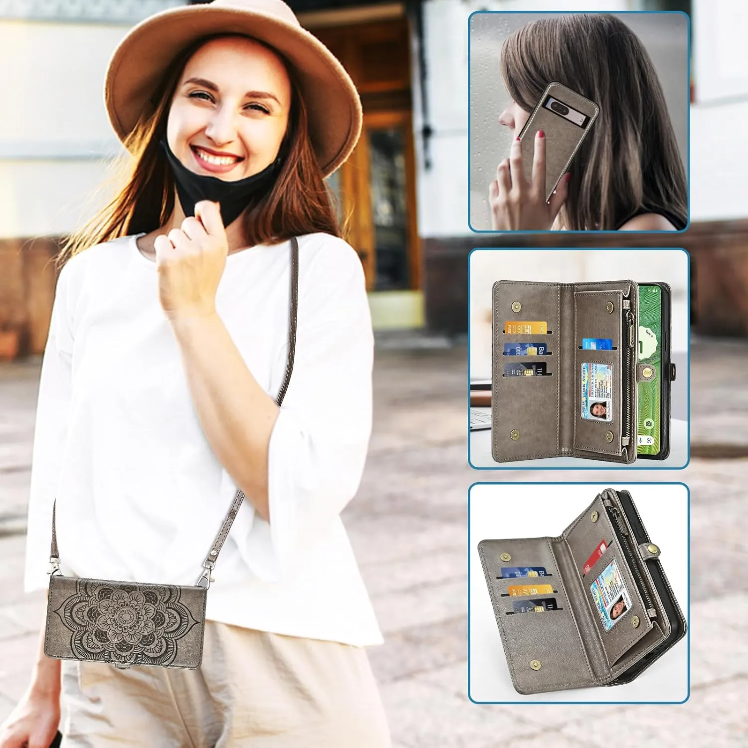 Asuwish Phone Case for Google Pixel 7 5G Zipper Wallet Magnetic Detachable Cell Cover with Tempered Glass Screen Protector Crossbody Strap Flower Card Holder Pixel7 Pixle Seven 6.3 Women Girls Gray