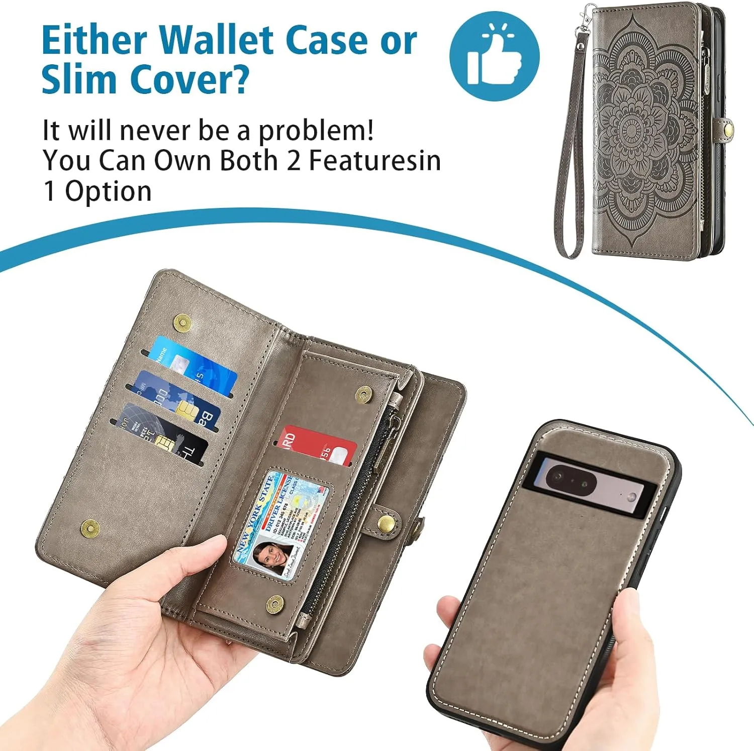 Asuwish Phone Case for Google Pixel 7 5G Zipper Wallet Magnetic Detachable Cell Cover with Tempered Glass Screen Protector Crossbody Strap Flower Card Holder Pixel7 Pixle Seven 6.3 Women Girls Gray