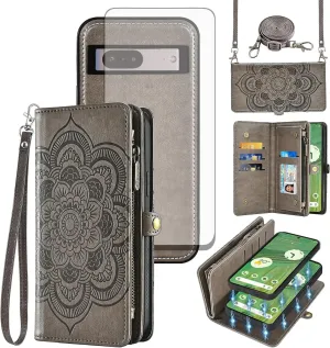 Asuwish Phone Case for Google Pixel 7 5G Zipper Wallet Magnetic Detachable Cell Cover with Tempered Glass Screen Protector Crossbody Strap Flower Card Holder Pixel7 Pixle Seven 6.3 Women Girls Gray