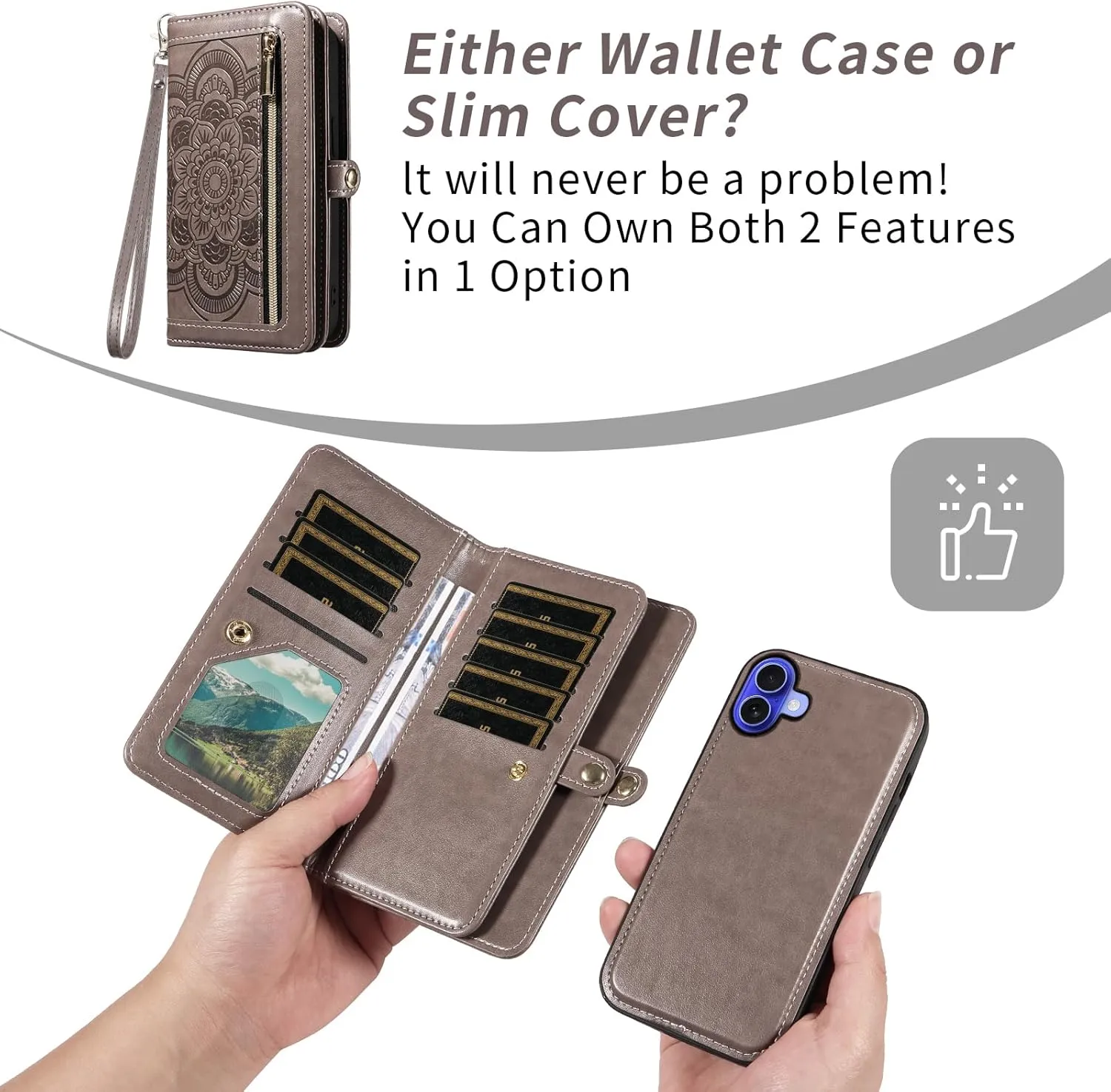 Asuwish Phone Case for iPhone 16 6.1 inch Zipper Wallet Magnetic Detachable Cell Cover with Tempered Glass Screen Protector Crossbody Strap Mandala Flower Card Holder i Phone16 i16 16Case Women Gray