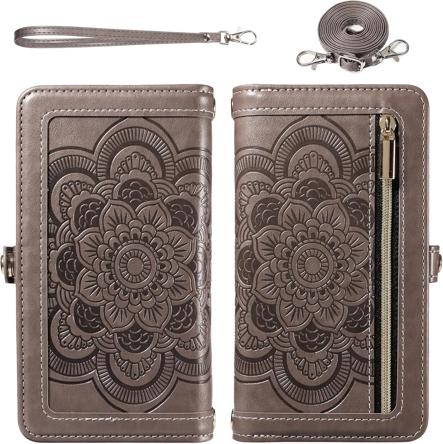 Asuwish Phone Case for iPhone 16 6.1 inch Zipper Wallet Magnetic Detachable Cell Cover with Tempered Glass Screen Protector Crossbody Strap Mandala Flower Card Holder i Phone16 i16 16Case Women Gray