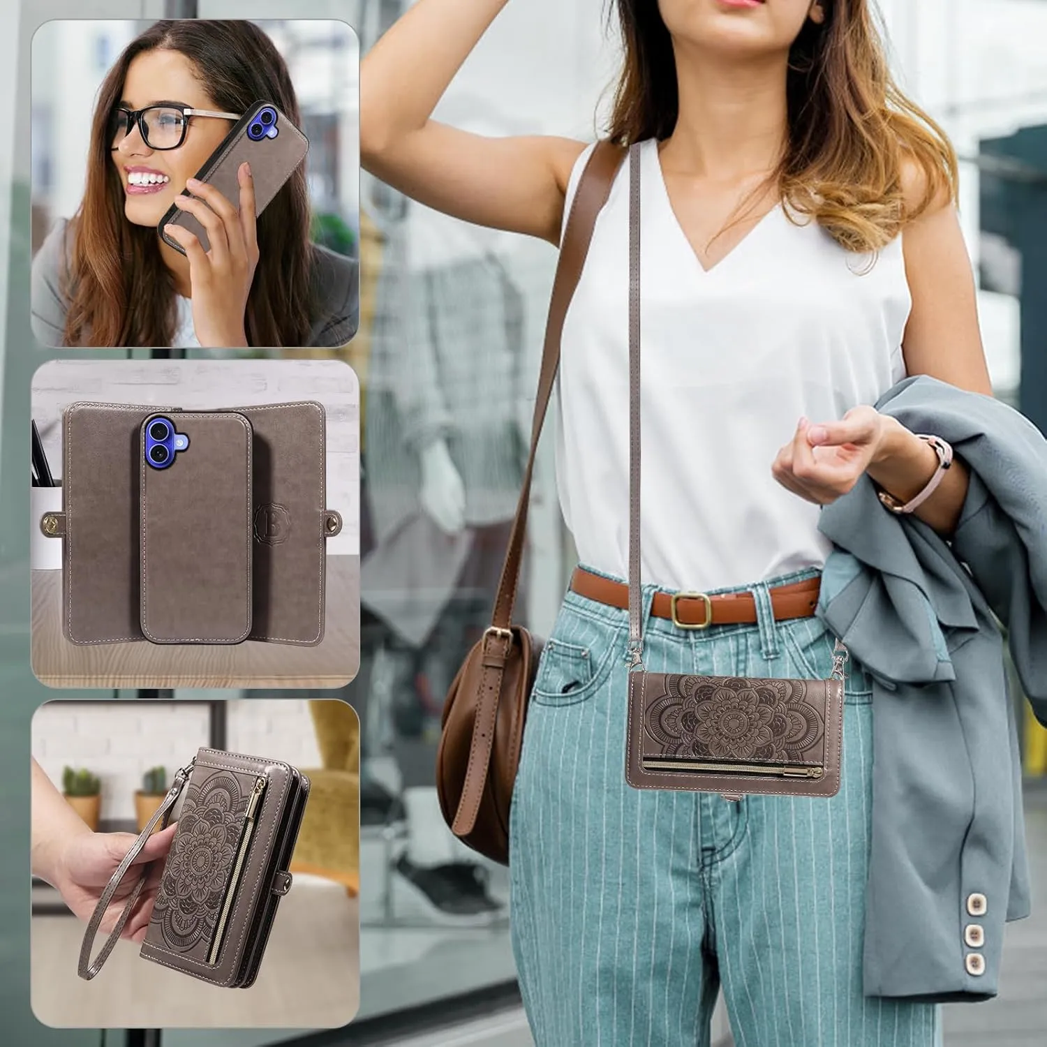 Asuwish Phone Case for iPhone 16 6.1 inch Zipper Wallet Magnetic Detachable Cell Cover with Tempered Glass Screen Protector Crossbody Strap Mandala Flower Card Holder i Phone16 i16 16Case Women Gray