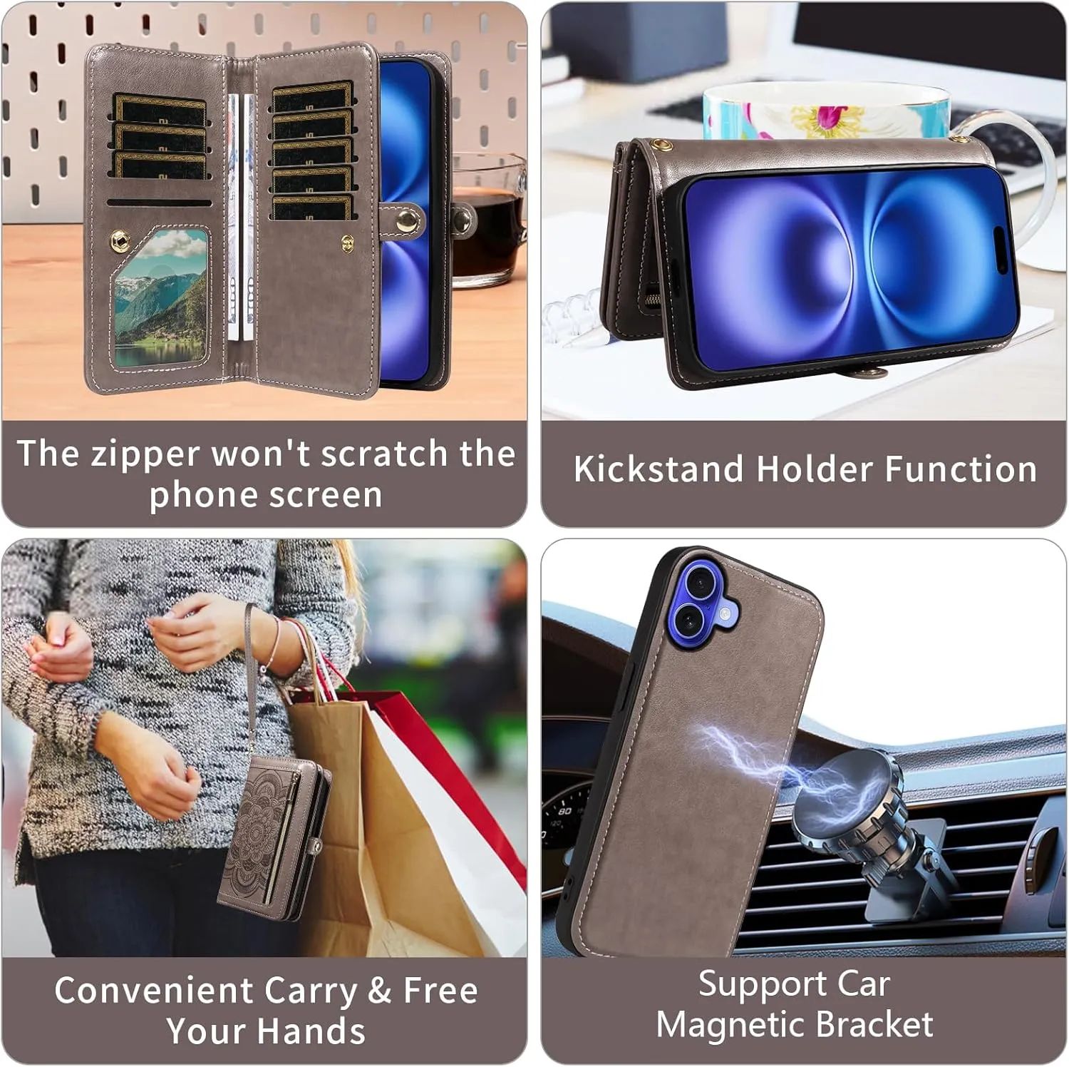 Asuwish Phone Case for iPhone 16 6.1 inch Zipper Wallet Magnetic Detachable Cell Cover with Tempered Glass Screen Protector Crossbody Strap Mandala Flower Card Holder i Phone16 i16 16Case Women Gray
