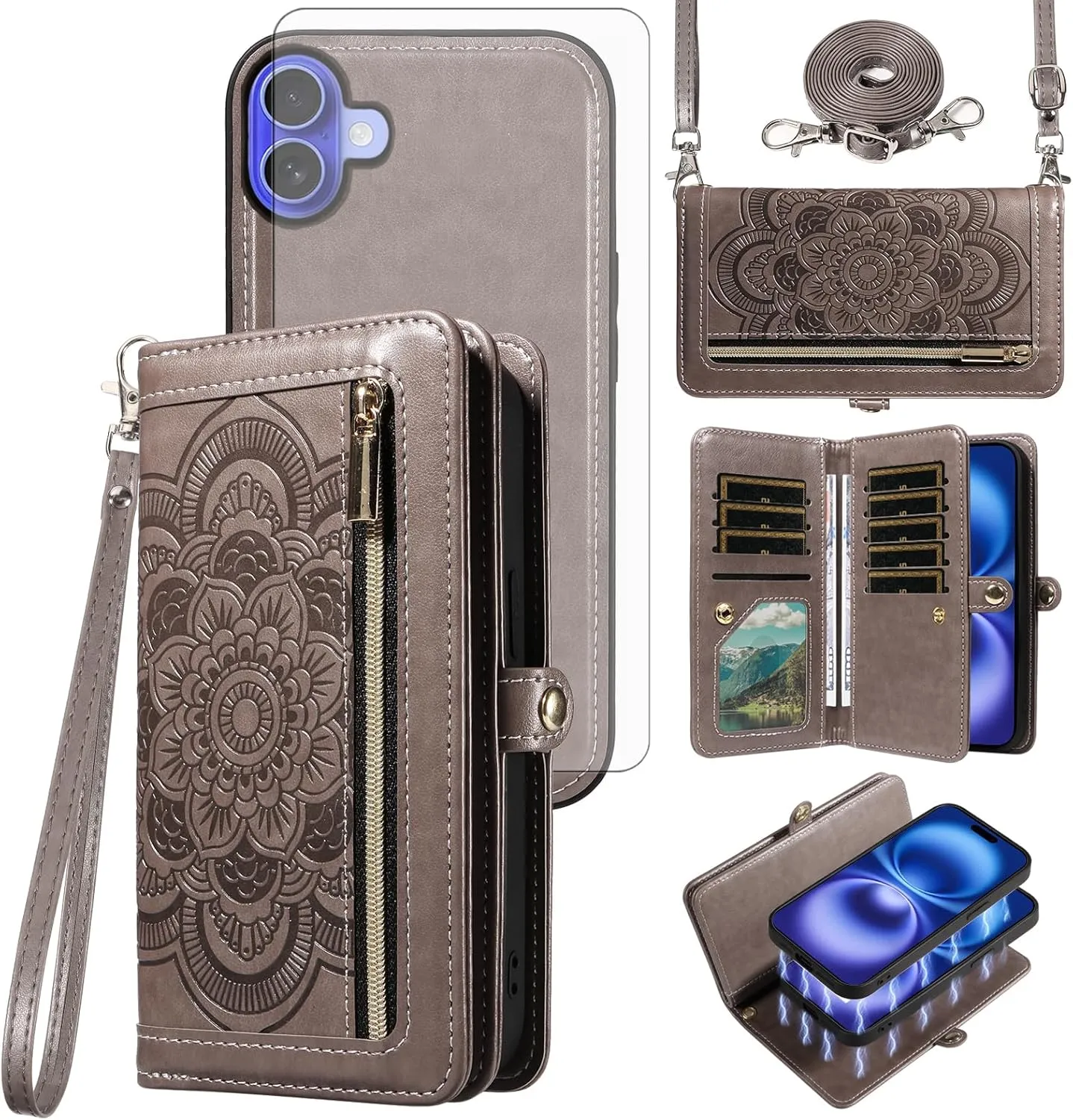 Asuwish Phone Case for iPhone 16 6.1 inch Zipper Wallet Magnetic Detachable Cell Cover with Tempered Glass Screen Protector Crossbody Strap Mandala Flower Card Holder i Phone16 i16 16Case Women Gray
