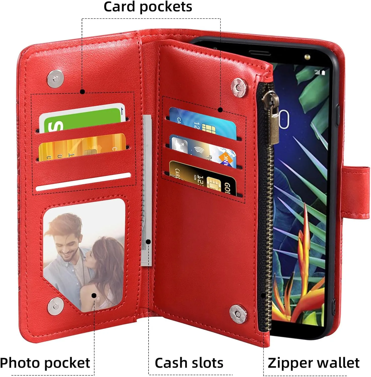 Asuwish Phone Case for LG K40/K12 Plus/X4 2019/Solo LTE/Xpression Plus 2/Harmony 3 Wallet Cell Cover with Screen Protector Lanyard Mandala Flower Zipper Card Holder LGK40 K 40 40K L423DL LMX420 Red