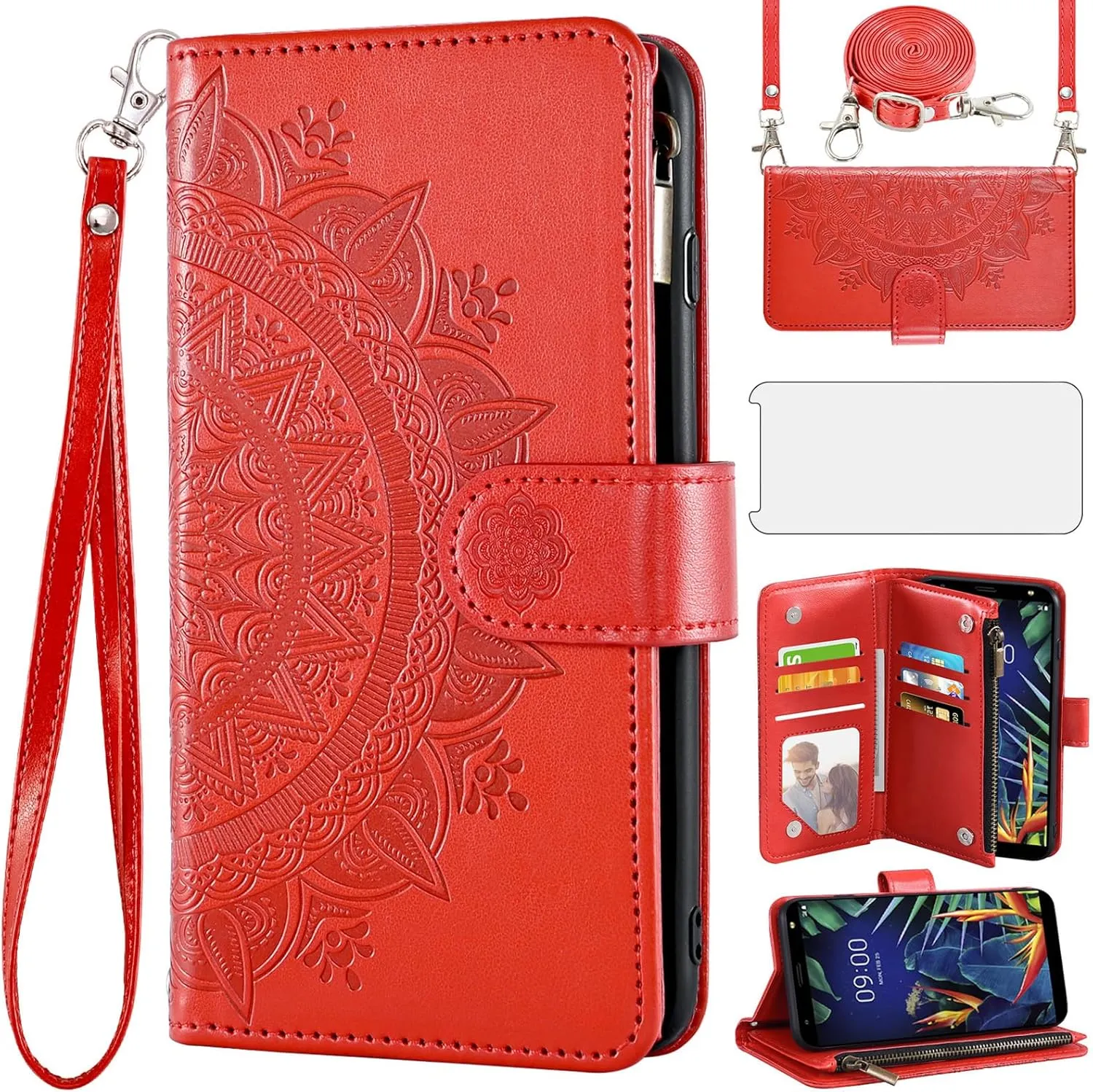 Asuwish Phone Case for LG K40/K12 Plus/X4 2019/Solo LTE/Xpression Plus 2/Harmony 3 Wallet Cell Cover with Screen Protector Lanyard Mandala Flower Zipper Card Holder LGK40 K 40 40K L423DL LMX420 Red