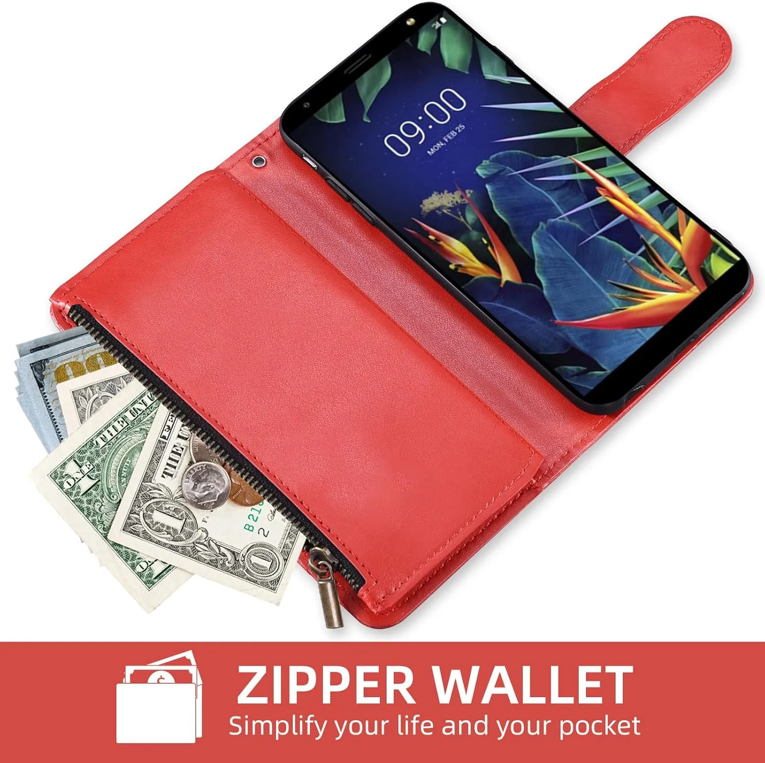Asuwish Phone Case for LG K40/K12 Plus/X4 2019/Solo LTE/Xpression Plus 2/Harmony 3 Wallet Cell Cover with Screen Protector Lanyard Mandala Flower Zipper Card Holder LGK40 K 40 40K L423DL LMX420 Red