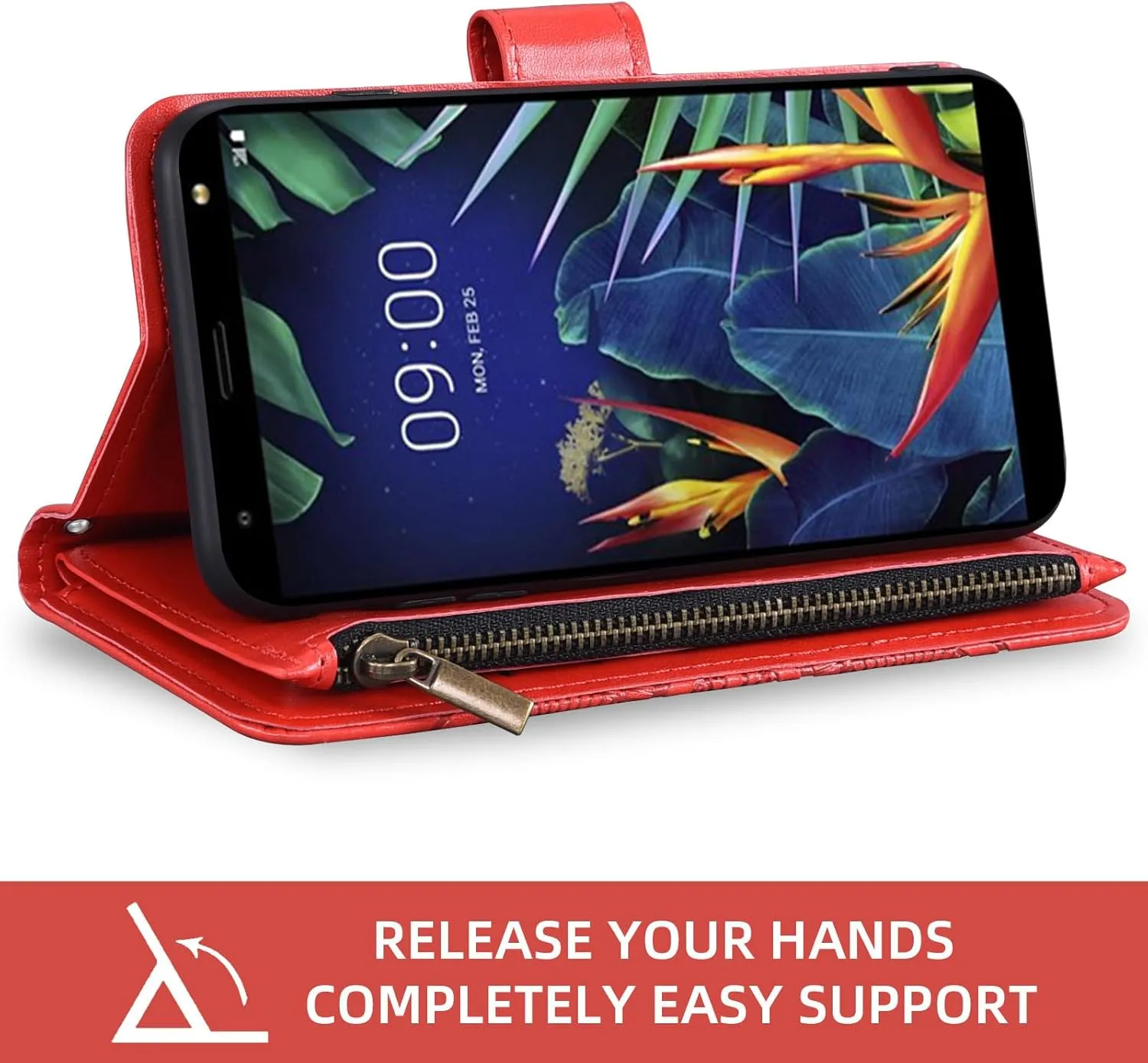 Asuwish Phone Case for LG K40/K12 Plus/X4 2019/Solo LTE/Xpression Plus 2/Harmony 3 Wallet Cell Cover with Screen Protector Lanyard Mandala Flower Zipper Card Holder LGK40 K 40 40K L423DL LMX420 Red