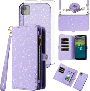 Asuwish Phone Case for Nokia C110 Zipper Wallet Magnetic Detachable Cover with Tempered Glass Screen Protector and Glitter Card Holder Slot Stand Flip Cell Accessories C 110 4G N156DL Women Men Purple