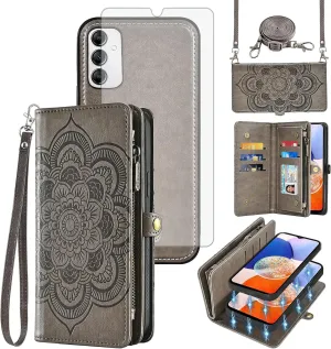 Asuwish Phone Case for Samsung Galaxy A14/M14 5G Zipper Wallet Detachable Cell Cover with Tempered Glass Screen Protector Crossbody Strap Mandala Flower Card Holder A 14 4G 14A 14M G5 Women Girls Gray