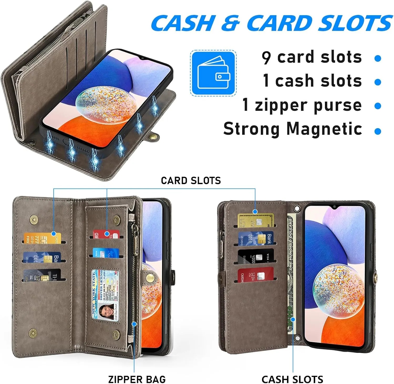Asuwish Phone Case for Samsung Galaxy A14/M14 5G Zipper Wallet Detachable Cell Cover with Tempered Glass Screen Protector Crossbody Strap Mandala Flower Card Holder A 14 4G 14A 14M G5 Women Girls Gray