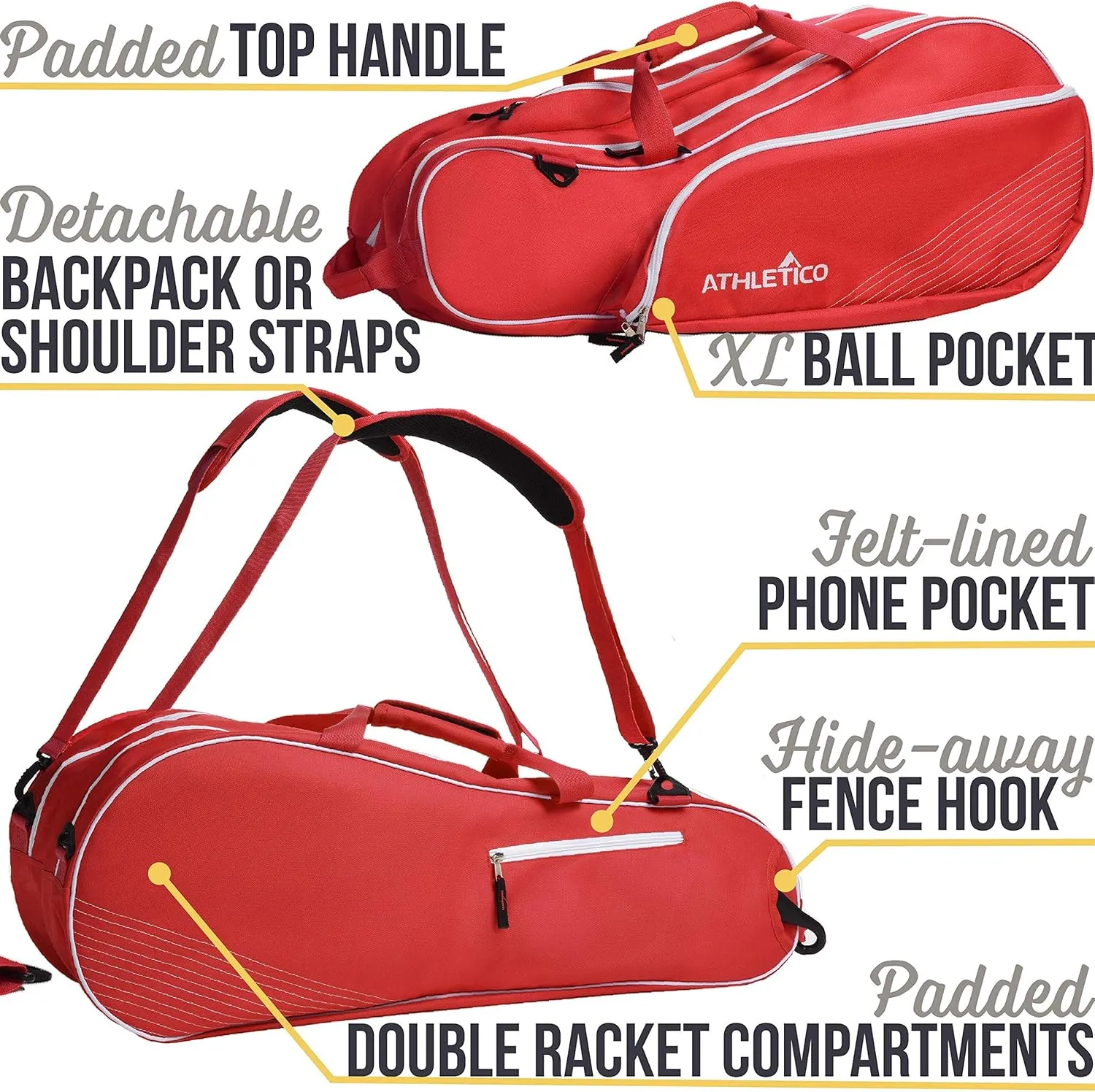 Athletico 6 Racquet Tennis Bag | Padded to Protect Rackets & Lightweight | Professional or Beginner Tennis Players | Unisex Design for Men, Women, Youth and Adults