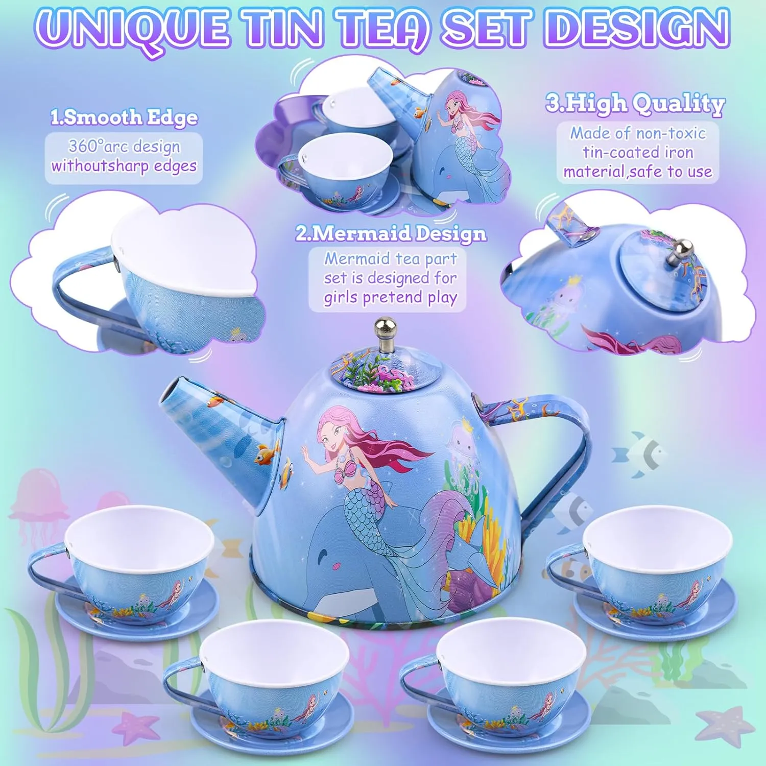 Auney Tea Set Toys for Girls 36pcs, Mermaid Pretend Play Gifts for Toddler Age 3-6, Kids Girls Toys Gifts for Party Time Including Carrying Case (Mermaid Toy)