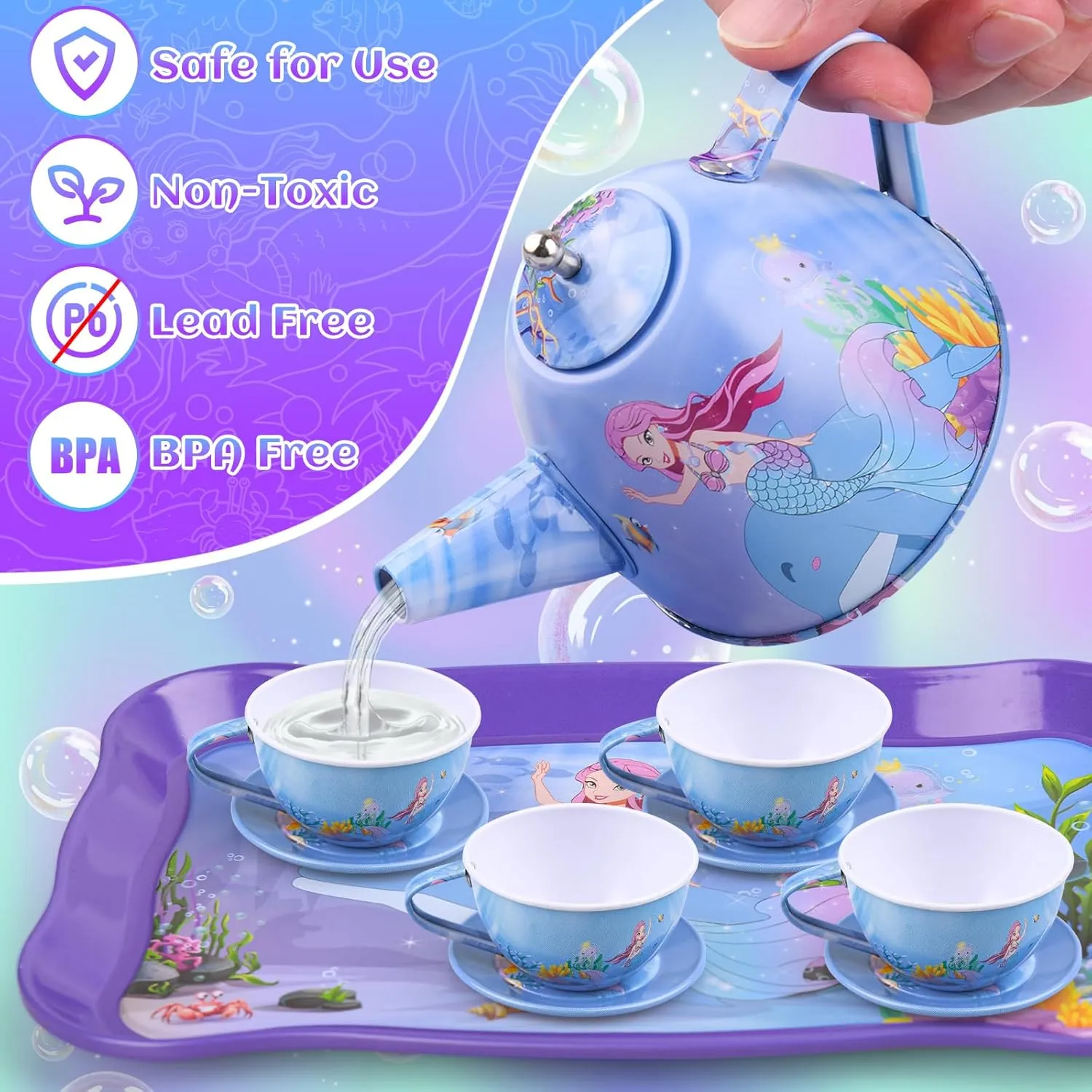 Auney Tea Set Toys for Girls 36pcs, Mermaid Pretend Play Gifts for Toddler Age 3-6, Kids Girls Toys Gifts for Party Time Including Carrying Case (Mermaid Toy)