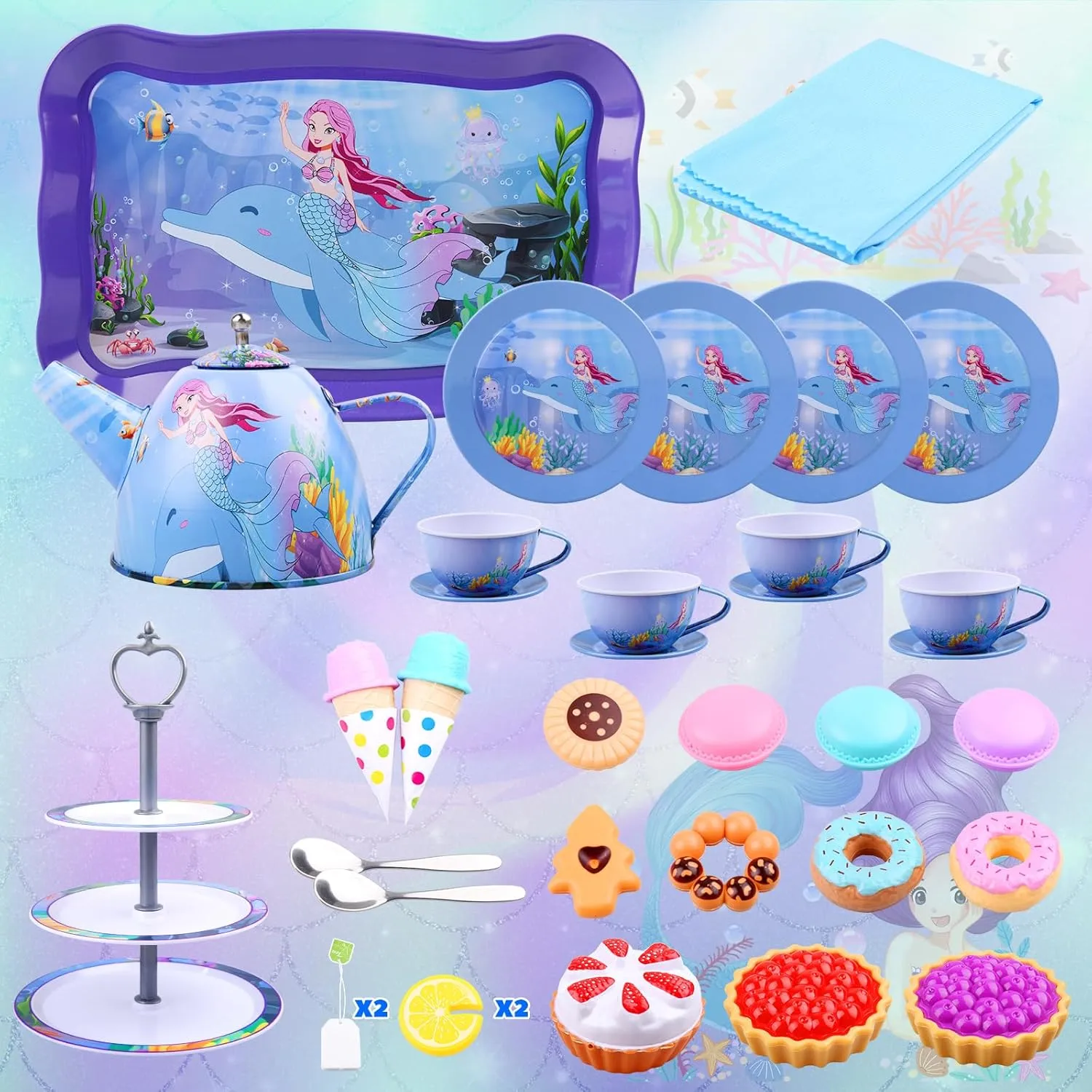 Auney Tea Set Toys for Girls 36pcs, Mermaid Pretend Play Gifts for Toddler Age 3-6, Kids Girls Toys Gifts for Party Time Including Carrying Case (Mermaid Toy)