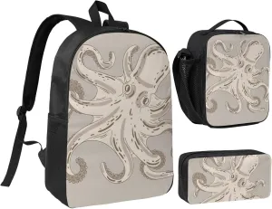 Backpack Lunch Box and Bag 3PCS Large Capacity Travel Backpack Suitable Work Outdoor Sport for Woman Man Retro Octopus