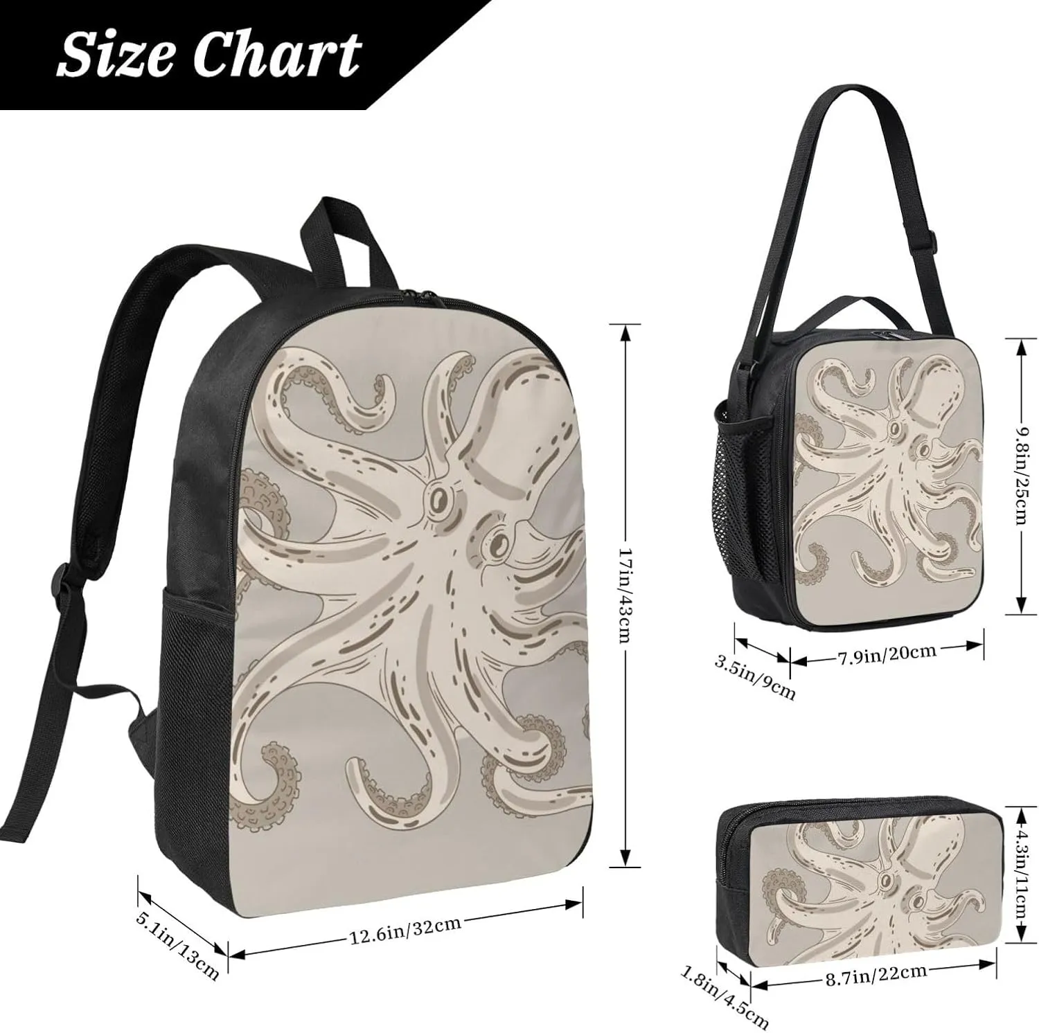 Backpack Lunch Box and Bag 3PCS Large Capacity Travel Backpack Suitable Work Outdoor Sport for Woman Man Retro Octopus