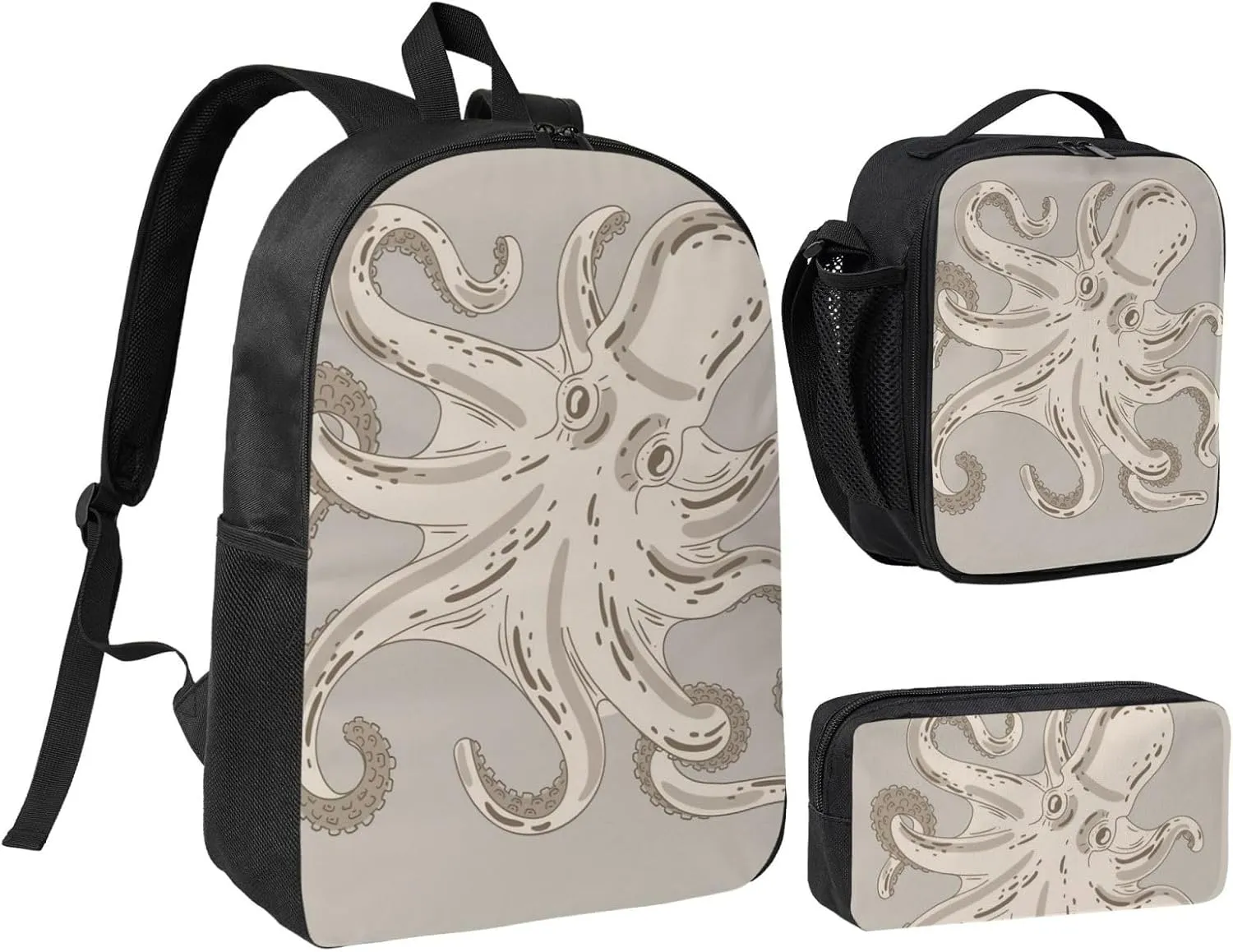 Backpack Lunch Box and Bag 3PCS Large Capacity Travel Backpack Suitable Work Outdoor Sport for Woman Man Retro Octopus