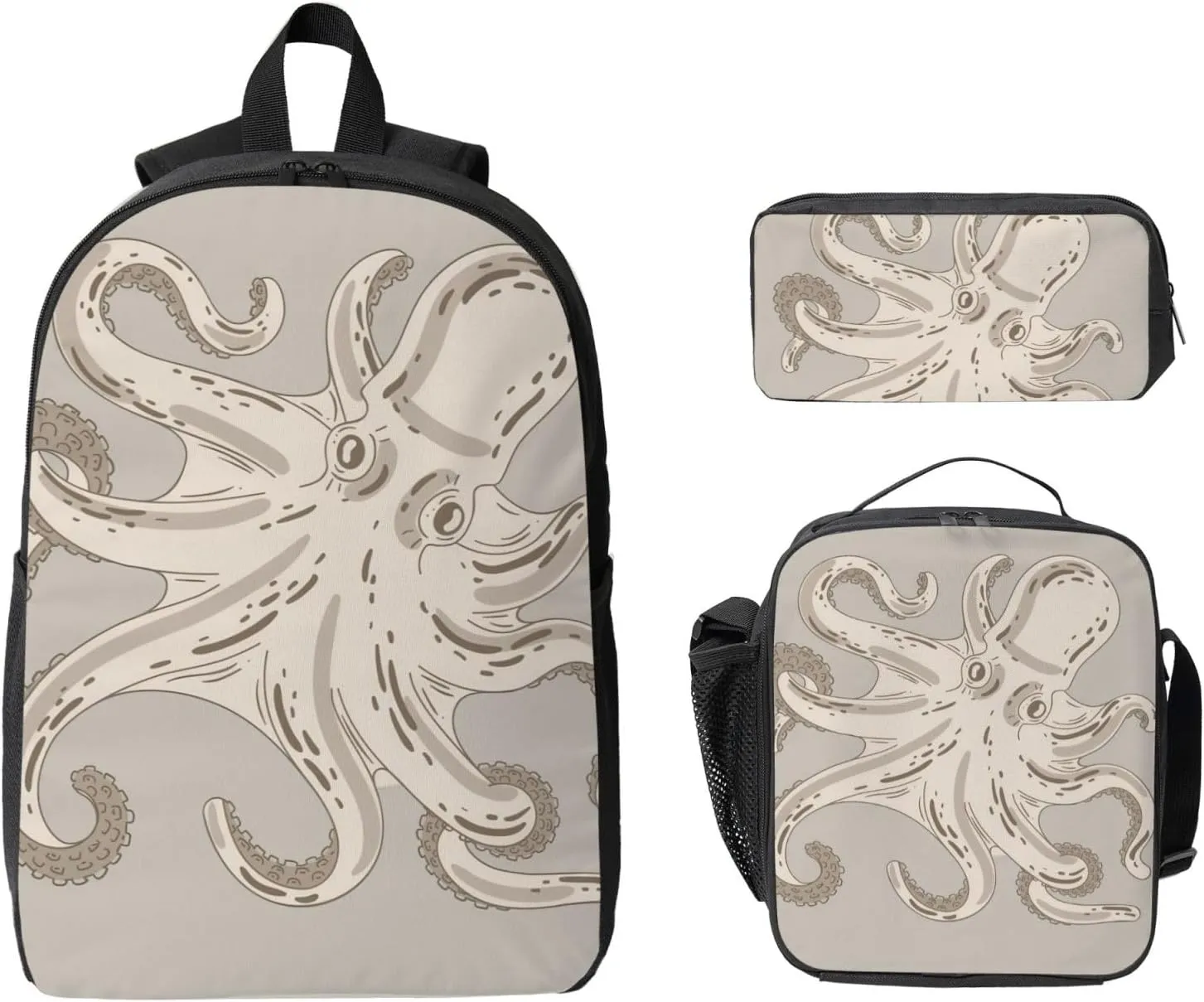 Backpack Lunch Box and Bag 3PCS Large Capacity Travel Backpack Suitable Work Outdoor Sport for Woman Man Retro Octopus