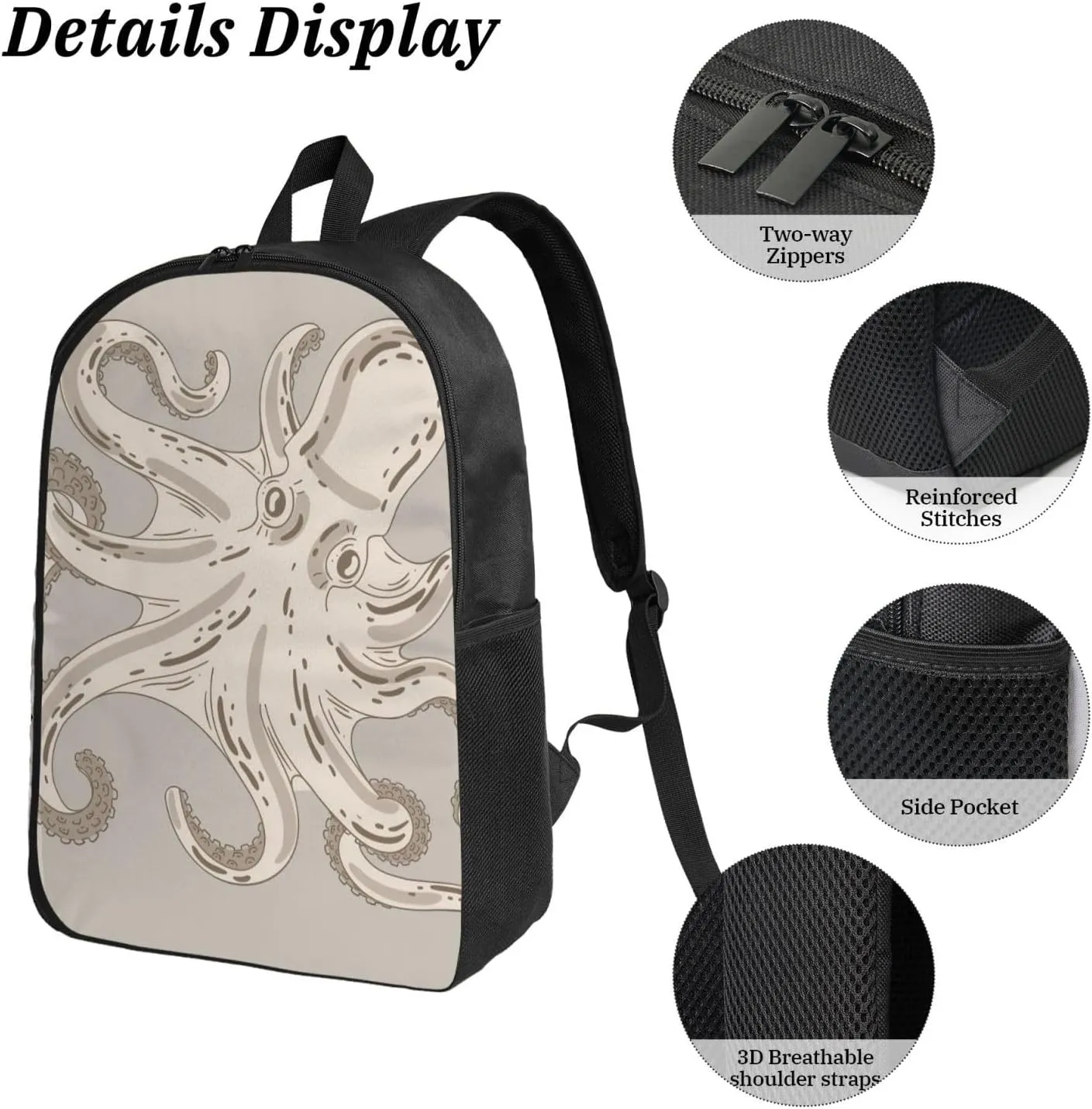 Backpack Lunch Box and Bag 3PCS Large Capacity Travel Backpack Suitable Work Outdoor Sport for Woman Man Retro Octopus