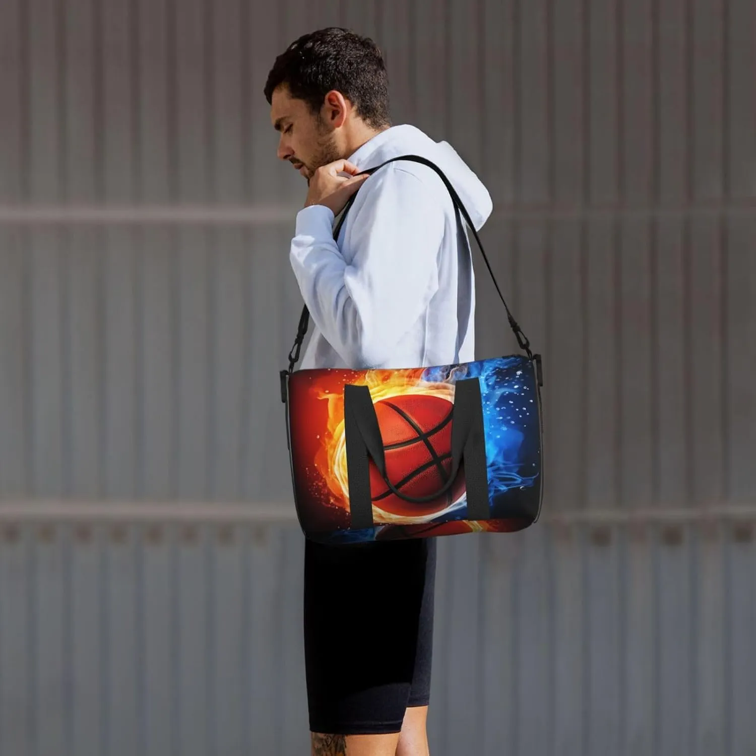 Basketball Travel Duffel Bags for Women Men, Sports Training Gym Bag Dance Bag with Adjustable Shoulder Strap Fire and Water Weekender Overnight Bag