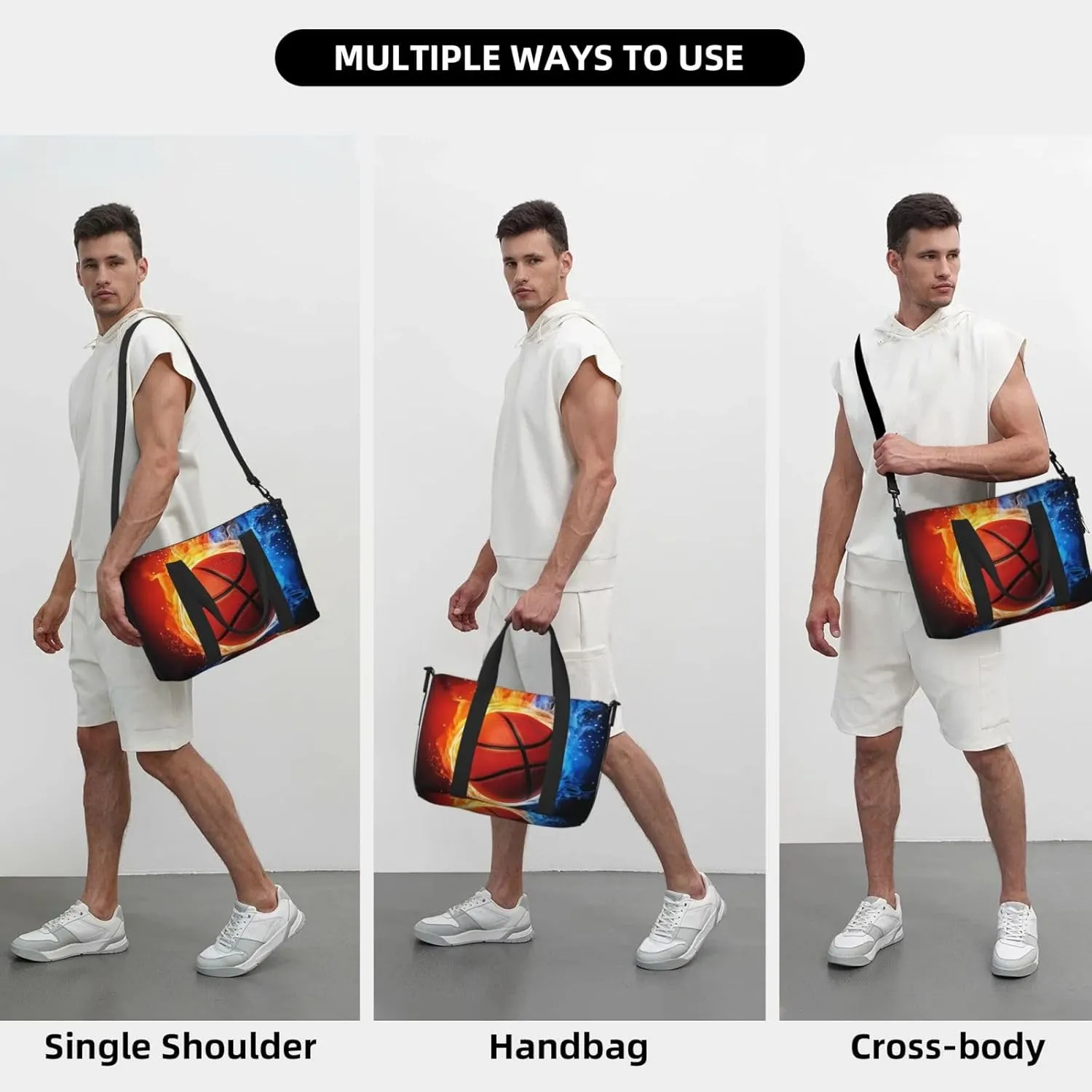 Basketball Travel Duffel Bags for Women Men, Sports Training Gym Bag Dance Bag with Adjustable Shoulder Strap Fire and Water Weekender Overnight Bag