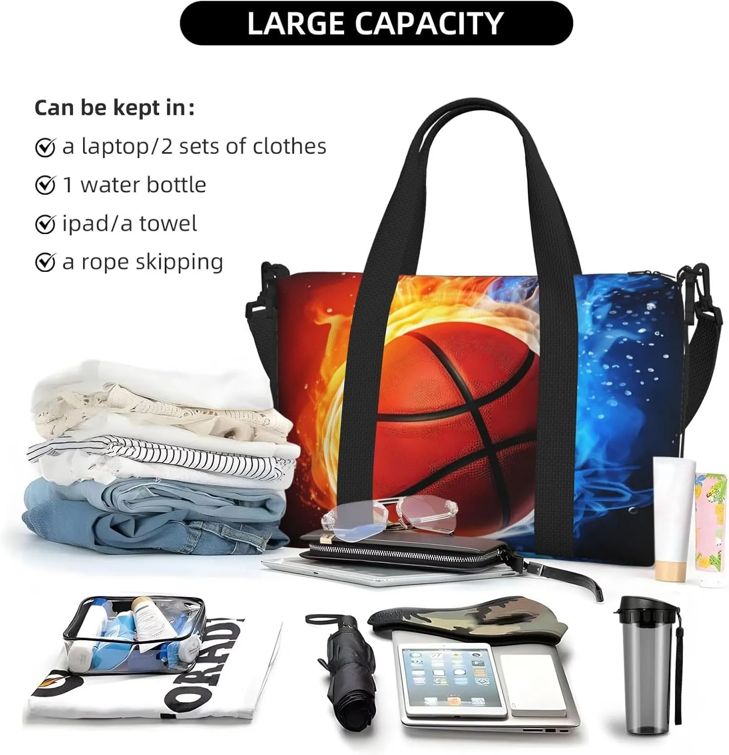 Basketball Travel Duffel Bags for Women Men, Sports Training Gym Bag Dance Bag with Adjustable Shoulder Strap Fire and Water Weekender Overnight Bag