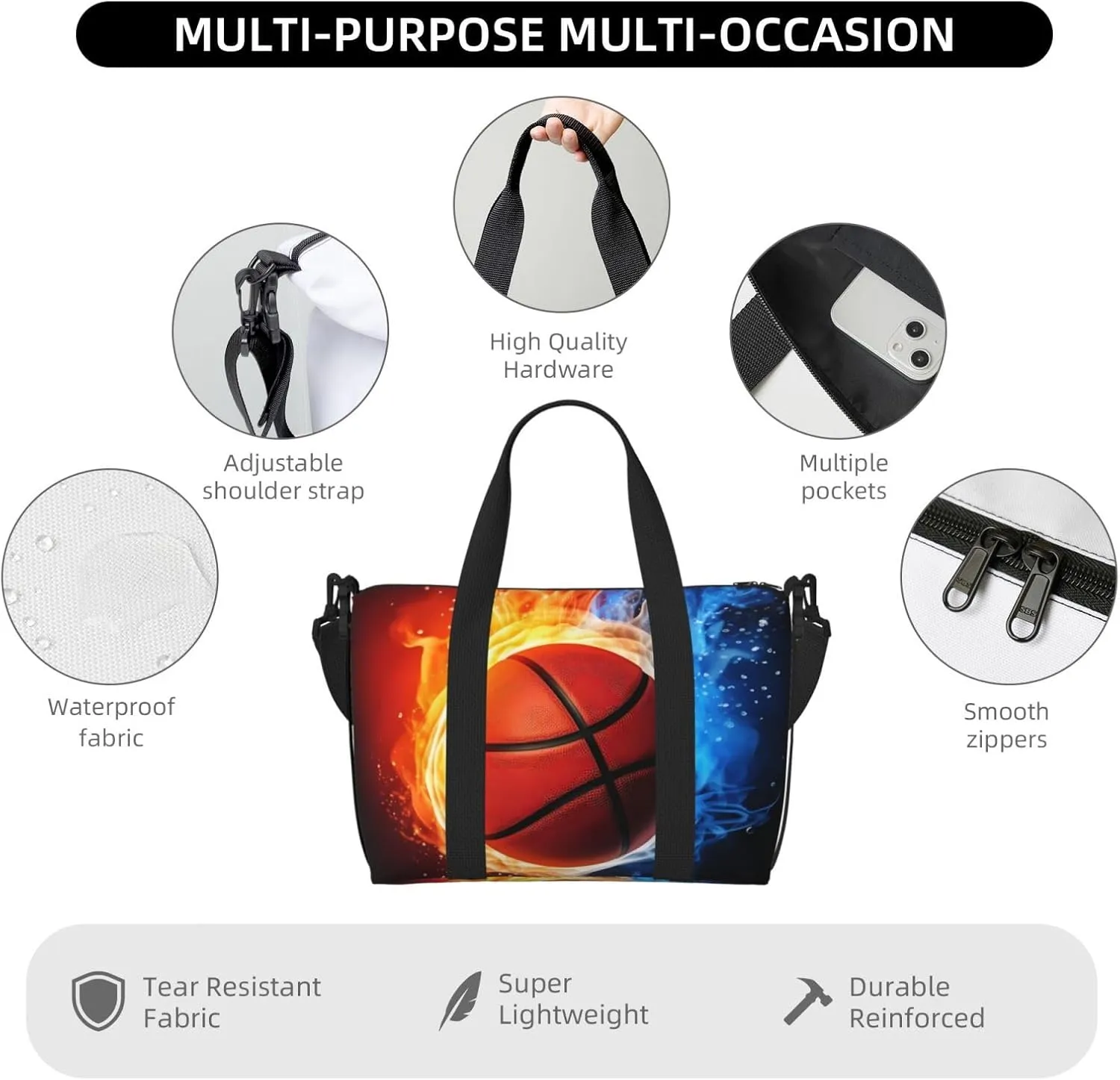 Basketball Travel Duffel Bags for Women Men, Sports Training Gym Bag Dance Bag with Adjustable Shoulder Strap Fire and Water Weekender Overnight Bag