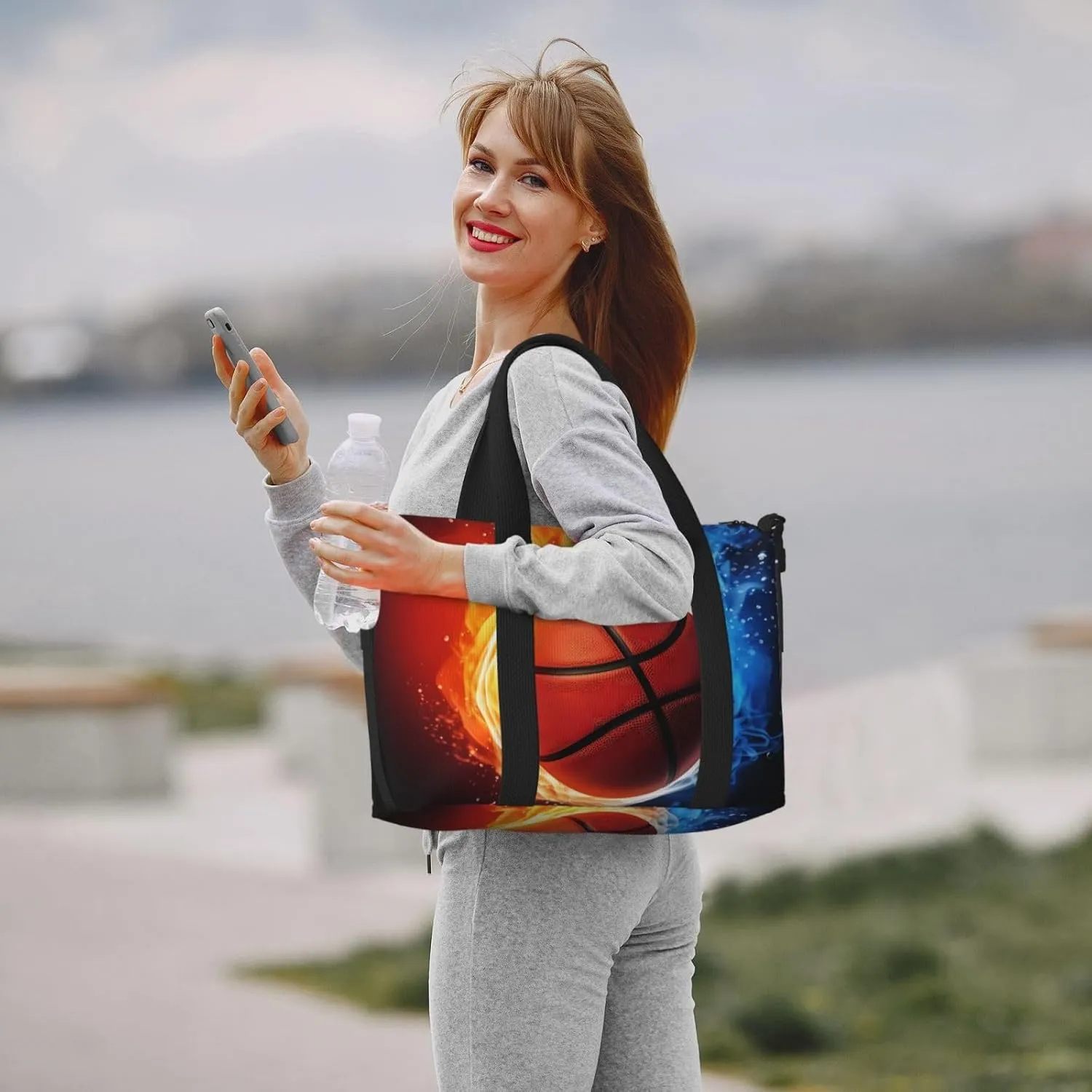 Basketball Travel Duffel Bags for Women Men, Sports Training Gym Bag Dance Bag with Adjustable Shoulder Strap Fire and Water Weekender Overnight Bag