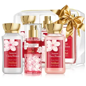 Bath and Body Gift Sets for Birthday Valentine's Day Mother's Day Christmas, Cherry Blossom Spa Set for Her, Including Body Wash, Body Lotion and Fragrance Body Mist, On The Go
