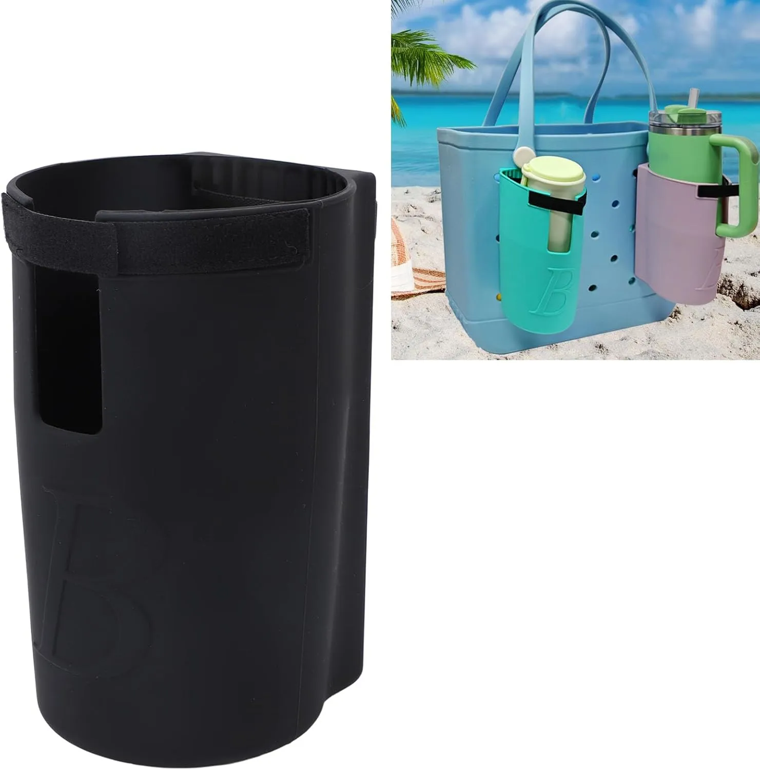 Beach Bag Cup Holder, Large Drink Holder Compatible with Bogg Bag (Black)